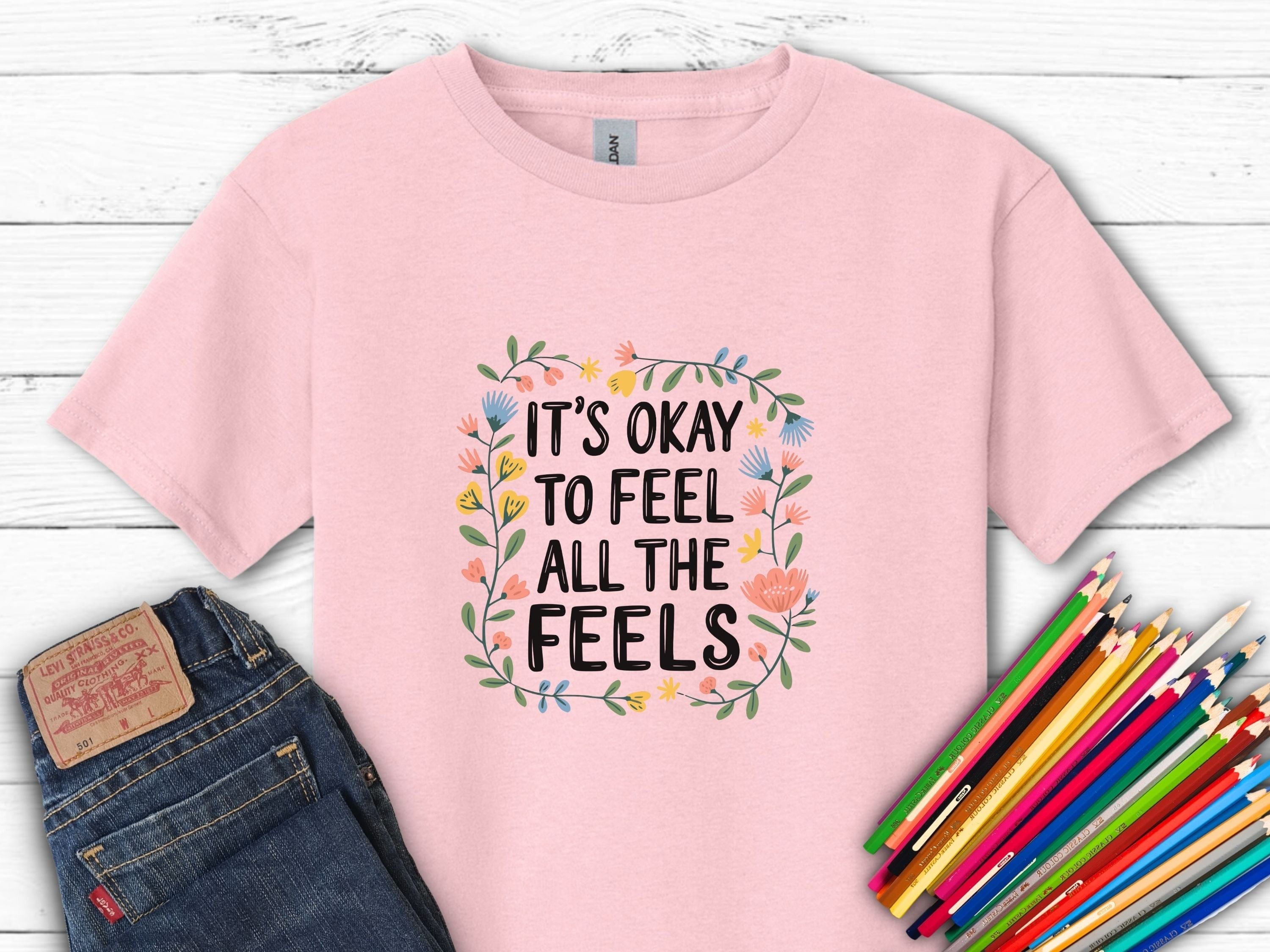 It's Okay To Feel All The Feels Kids T-Shirt-Light Pink-Neurodiversity, ADHD & Autism Awareness & Acceptance Kids clothes by Daily Bloom