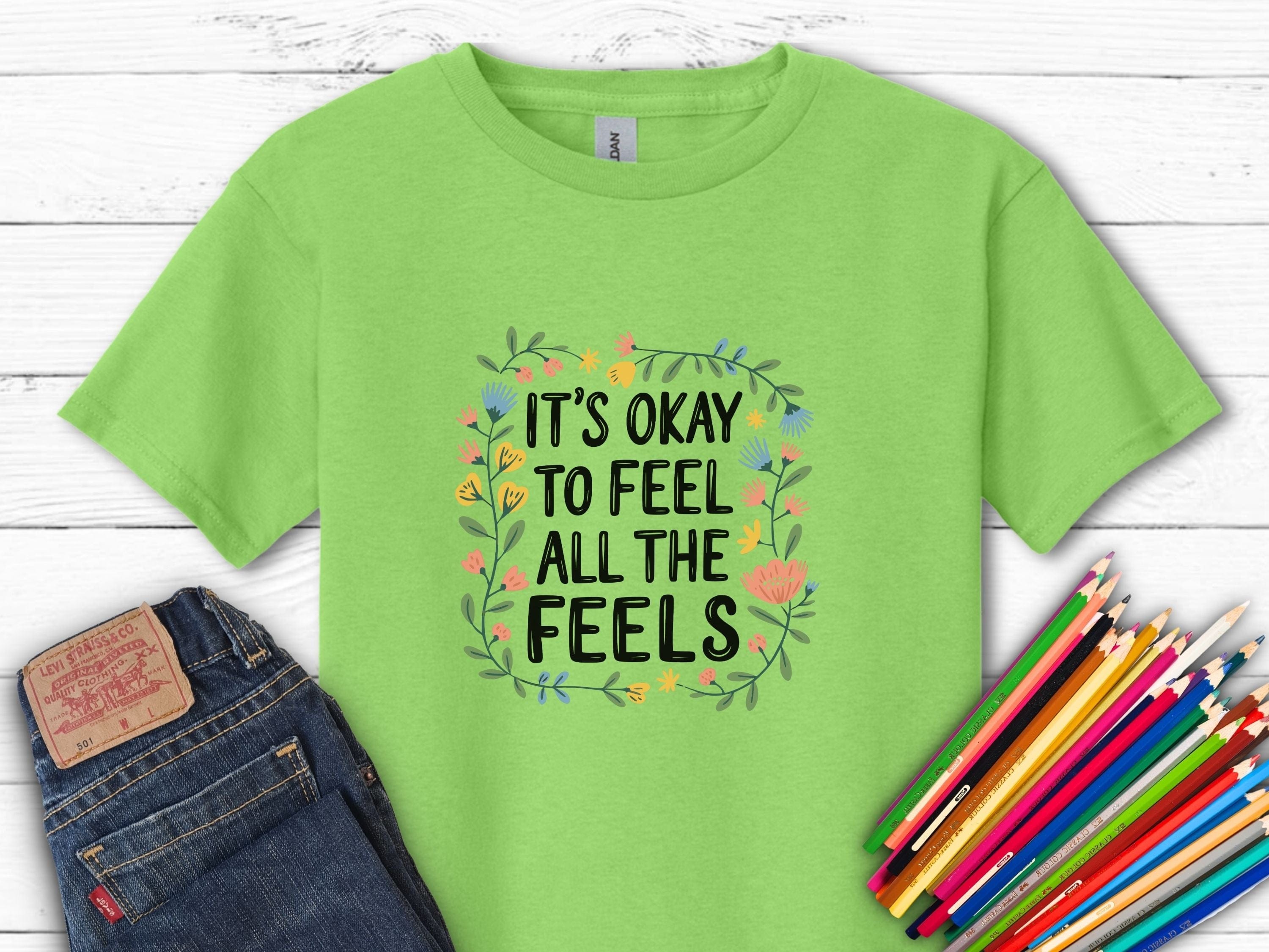 It's Okay To Feel All The Feels Kids T-Shirt-Lime-Neurodiversity, ADHD & Autism Awareness & Acceptance Kids clothes by Daily Bloom