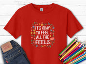 It's Okay To Feel All The Feels Kids T-Shirt-Red-Neurodiversity, ADHD & Autism Awareness & Acceptance Kids clothes by Daily Bloom