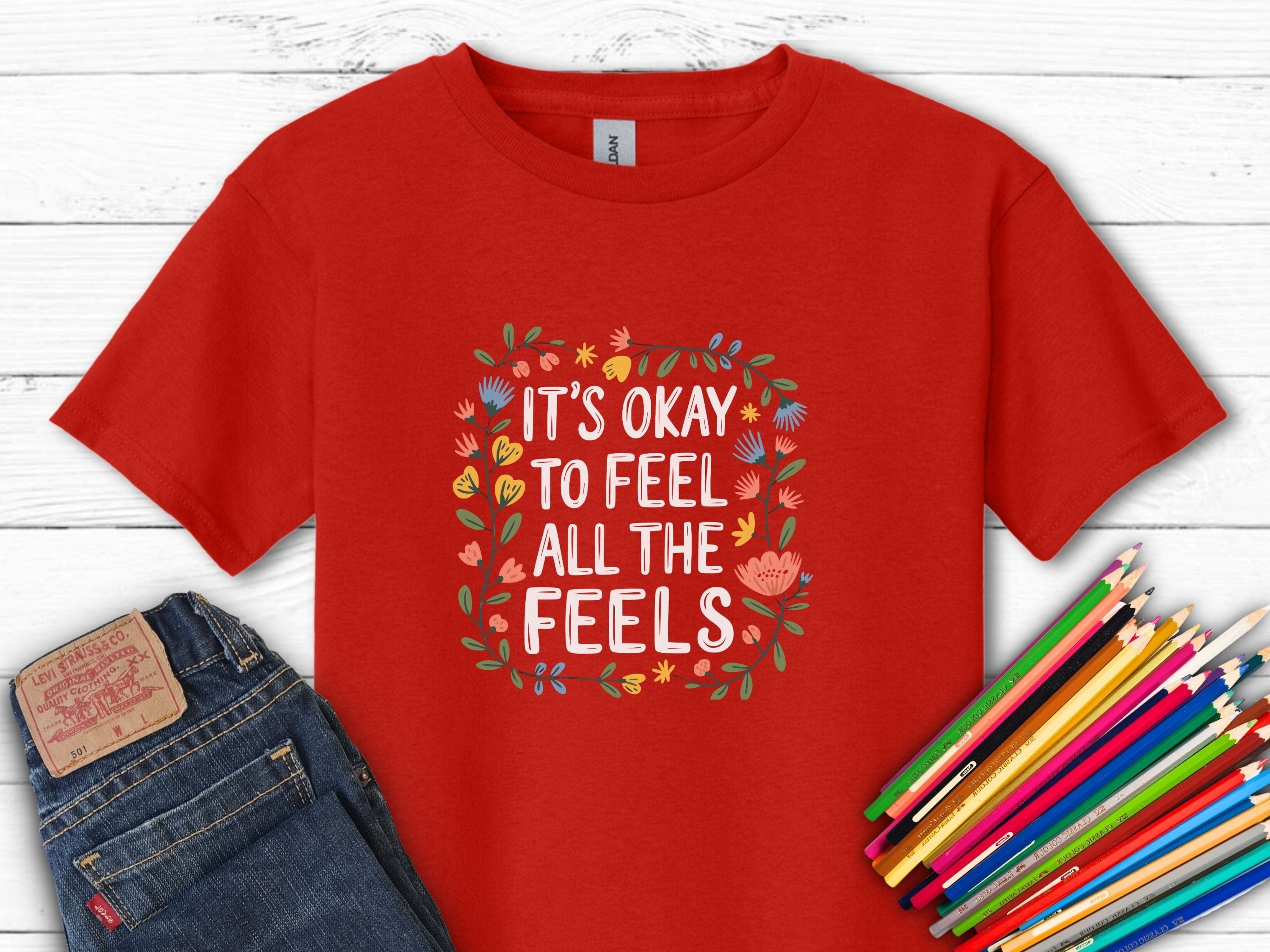It's Okay To Feel All The Feels Kids T-Shirt-Red-Neurodiversity, ADHD & Autism Awareness & Acceptance Kids clothes by Daily Bloom