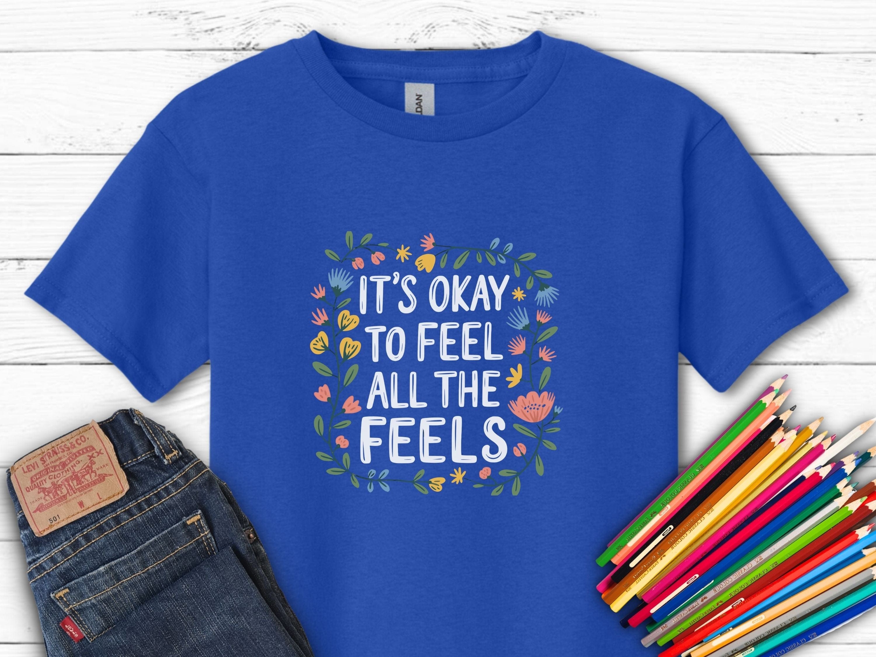 It's Okay To Feel All The Feels Kids T-Shirt-Royal-Neurodiversity, ADHD & Autism Awareness & Acceptance Kids clothes by Daily Bloom