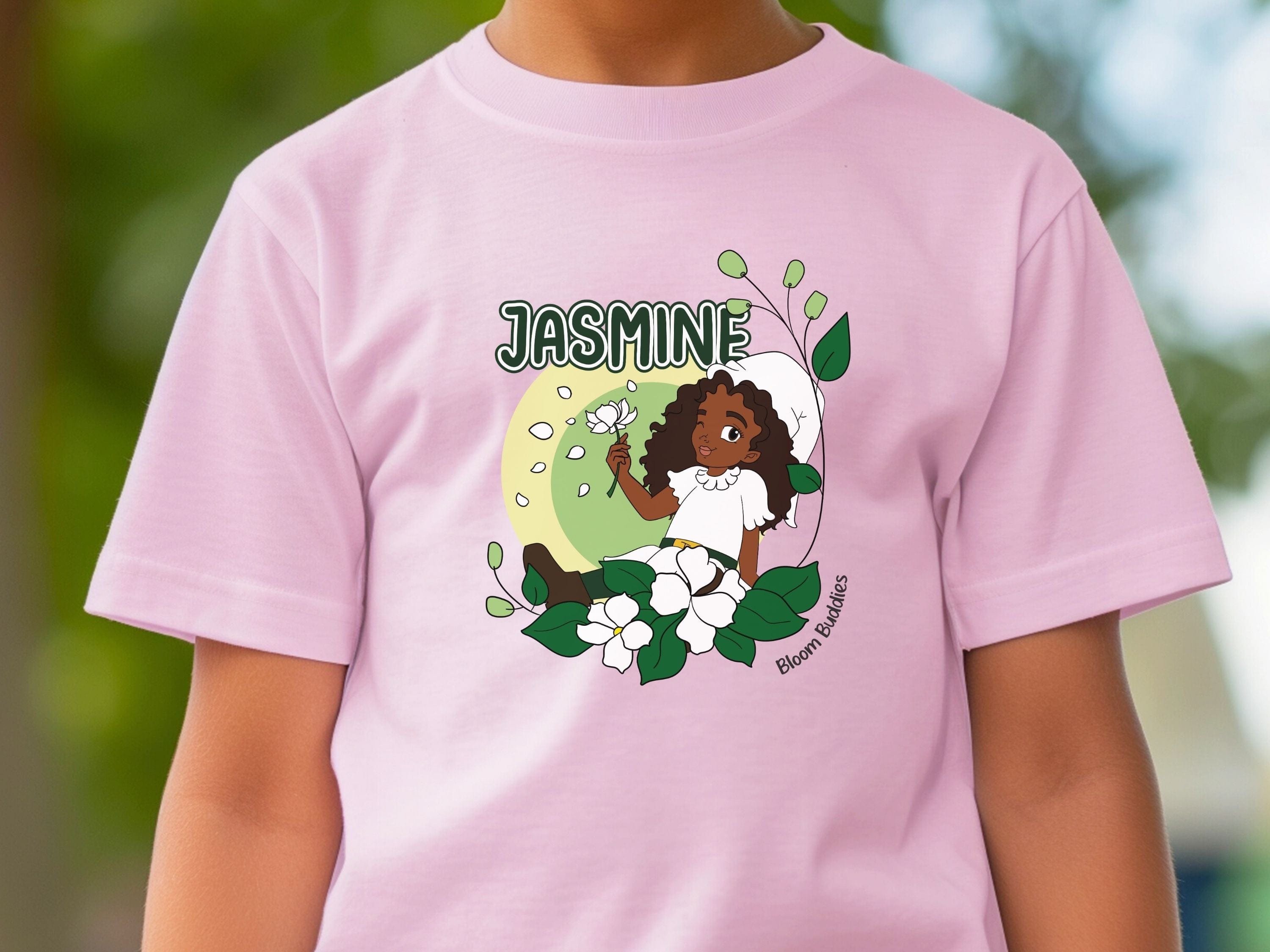 Jasmine Sitting In The Flowers - Bloom Buddies Kids T-Shirt-Neurodiversity, ADHD & Autism Awareness & Acceptance Kids clothes by Daily Bloom