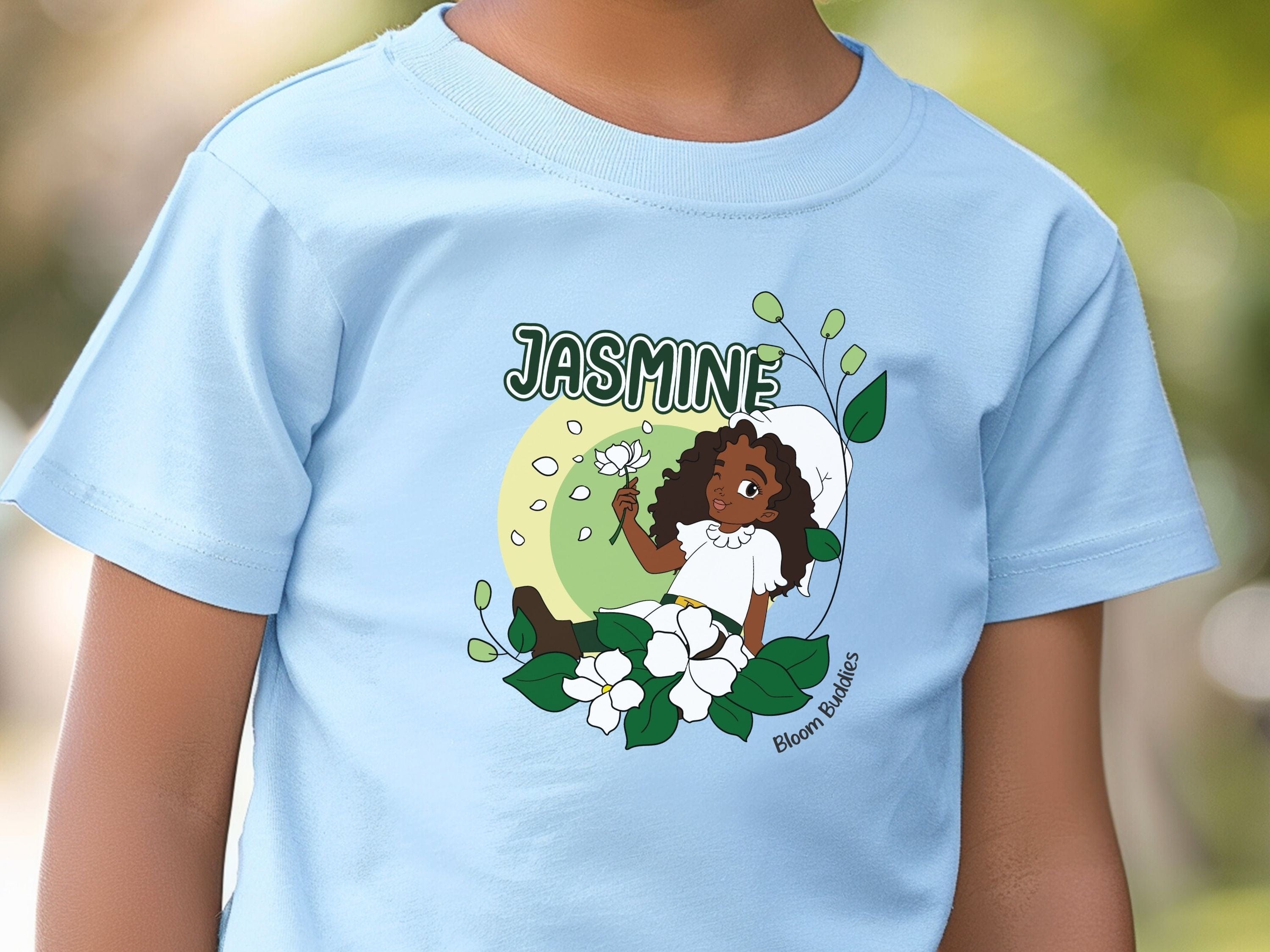 Jasmine Sitting In The Flowers - Bloom Buddies Kids T-Shirt-Neurodiversity, ADHD & Autism Awareness & Acceptance Kids clothes by Daily Bloom
