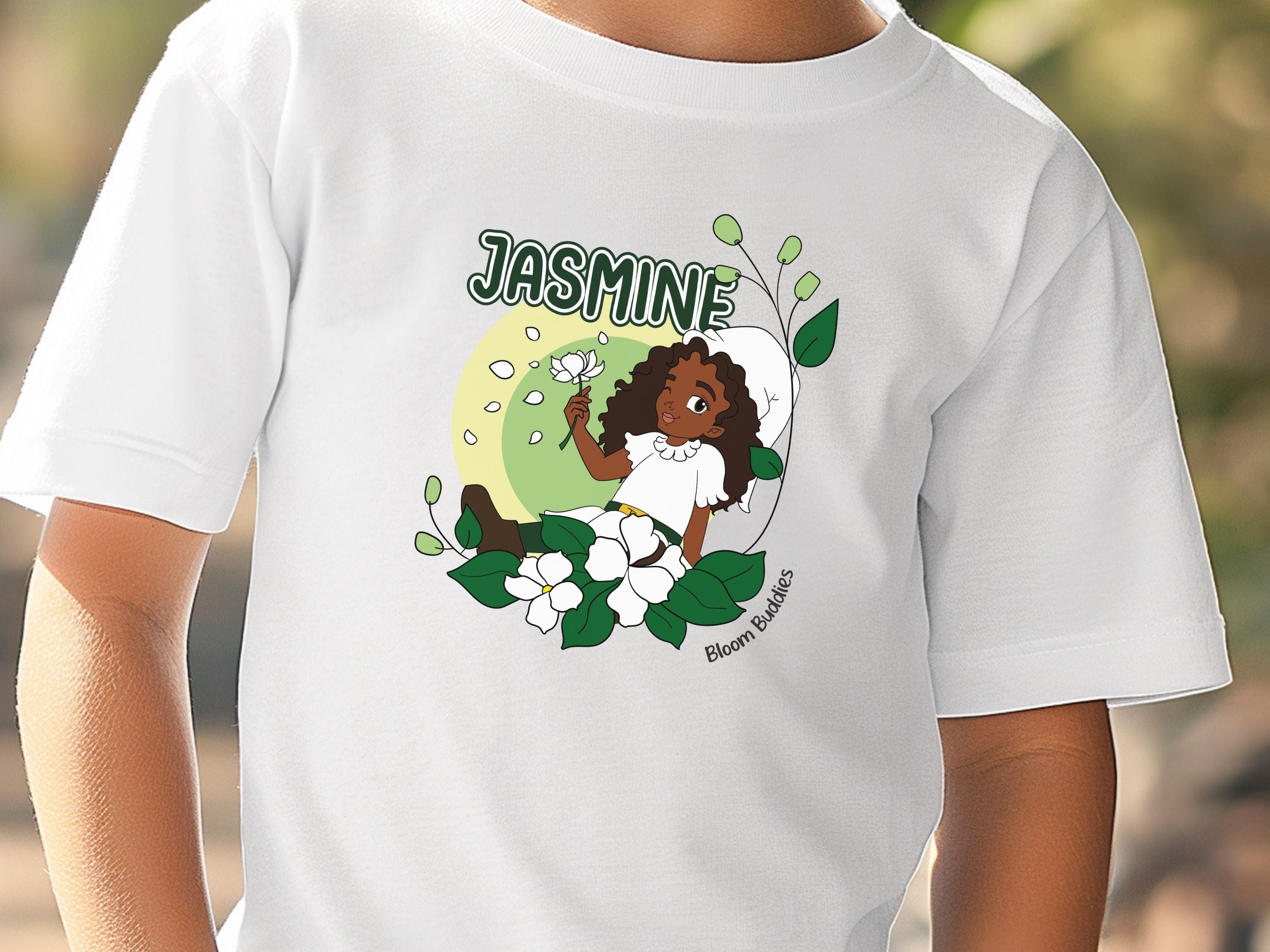 Jasmine Sitting In The Flowers - Bloom Buddies Kids T-Shirt-Neurodiversity, ADHD & Autism Awareness & Acceptance Kids clothes by Daily Bloom