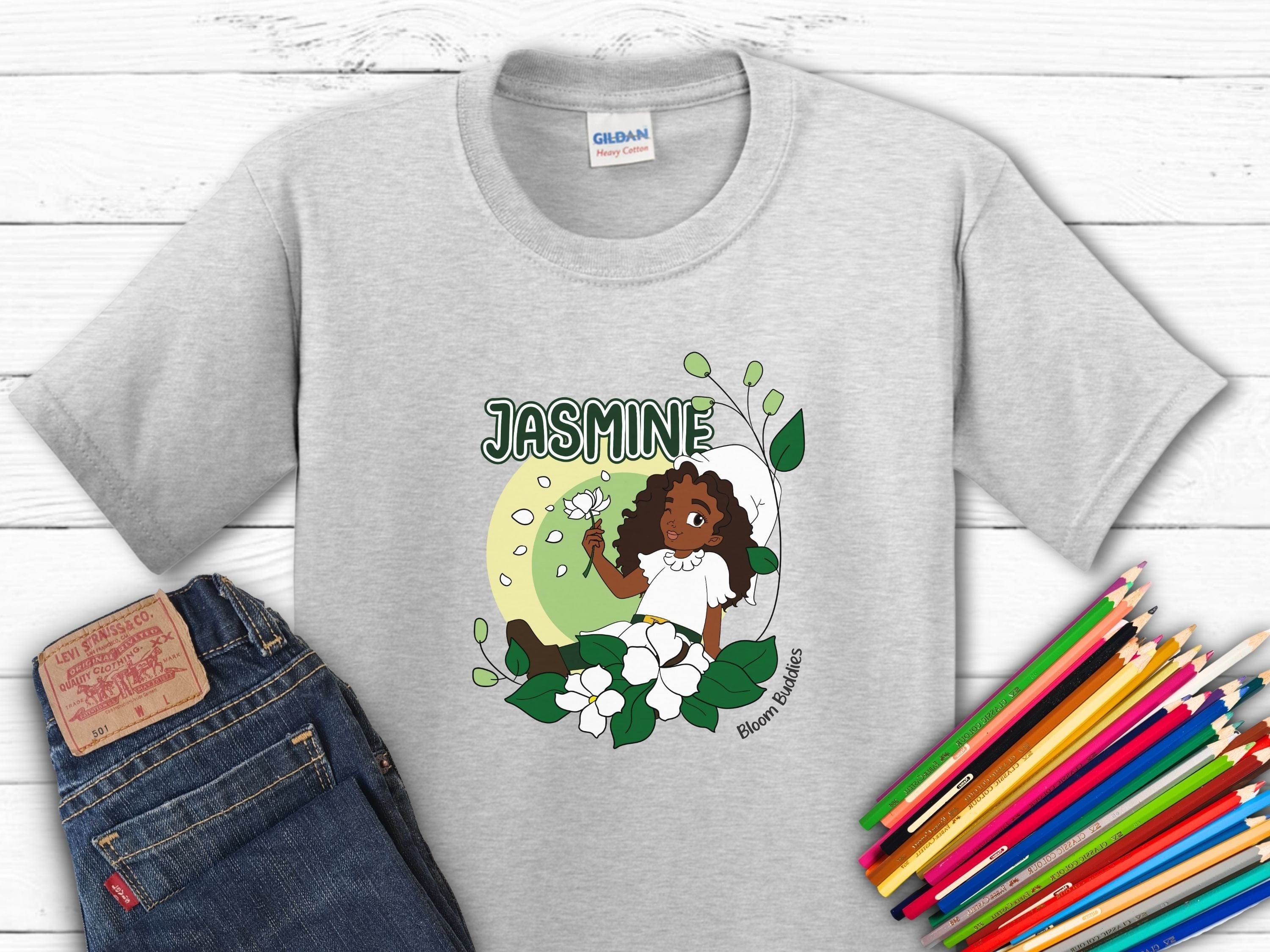 Jasmine Sitting In The Flowers - Bloom Buddies Kids T-Shirt-Ash-Neurodiversity, ADHD & Autism Awareness & Acceptance Kids clothes by Daily Bloom