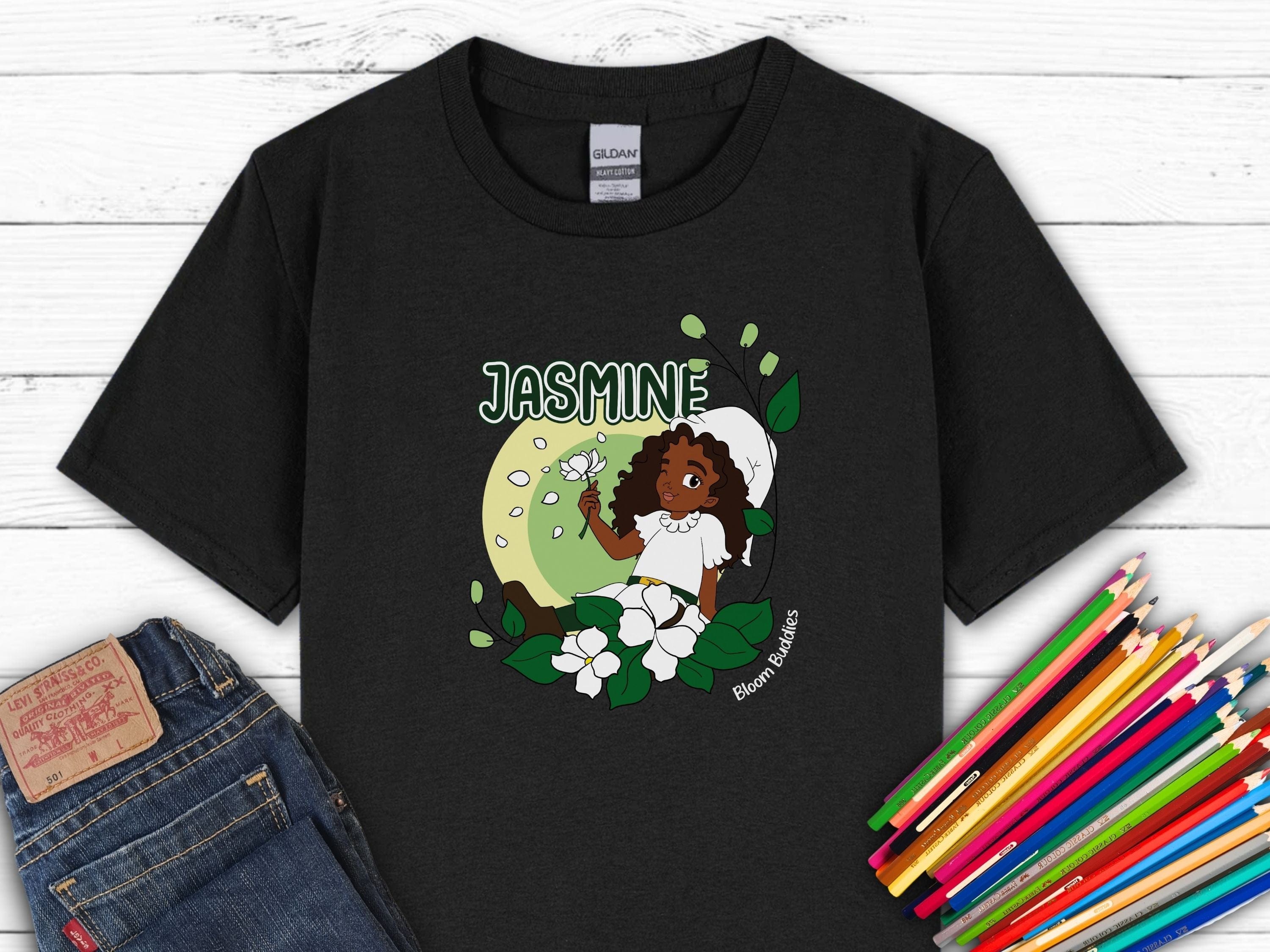 Jasmine Sitting In The Flowers - Bloom Buddies Kids T-Shirt-Black-Neurodiversity, ADHD & Autism Awareness & Acceptance Kids clothes by Daily Bloom