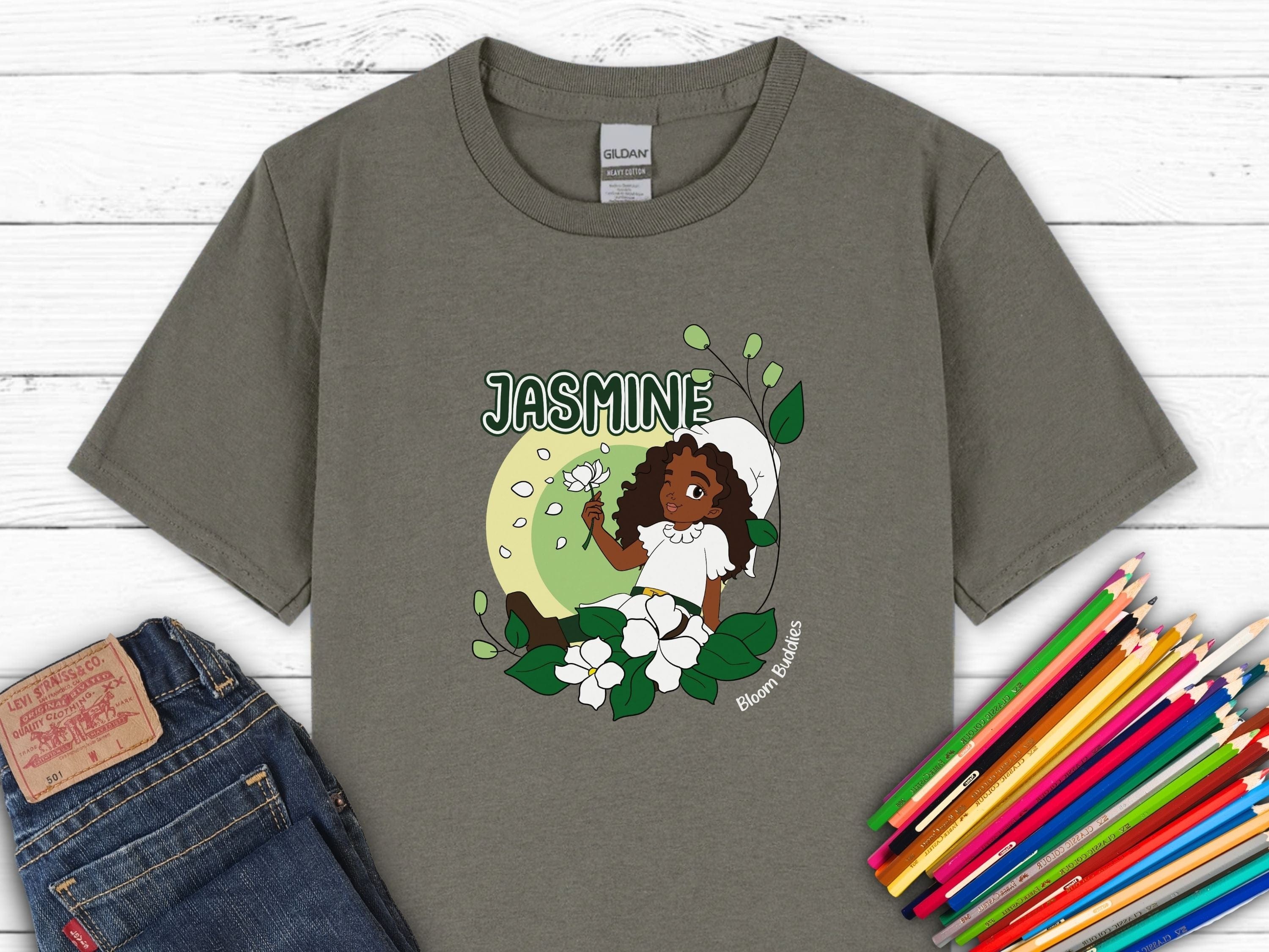 Jasmine Sitting In The Flowers - Bloom Buddies Kids T-Shirt-Charcoal-Neurodiversity, ADHD & Autism Awareness & Acceptance Kids clothes by Daily Bloom