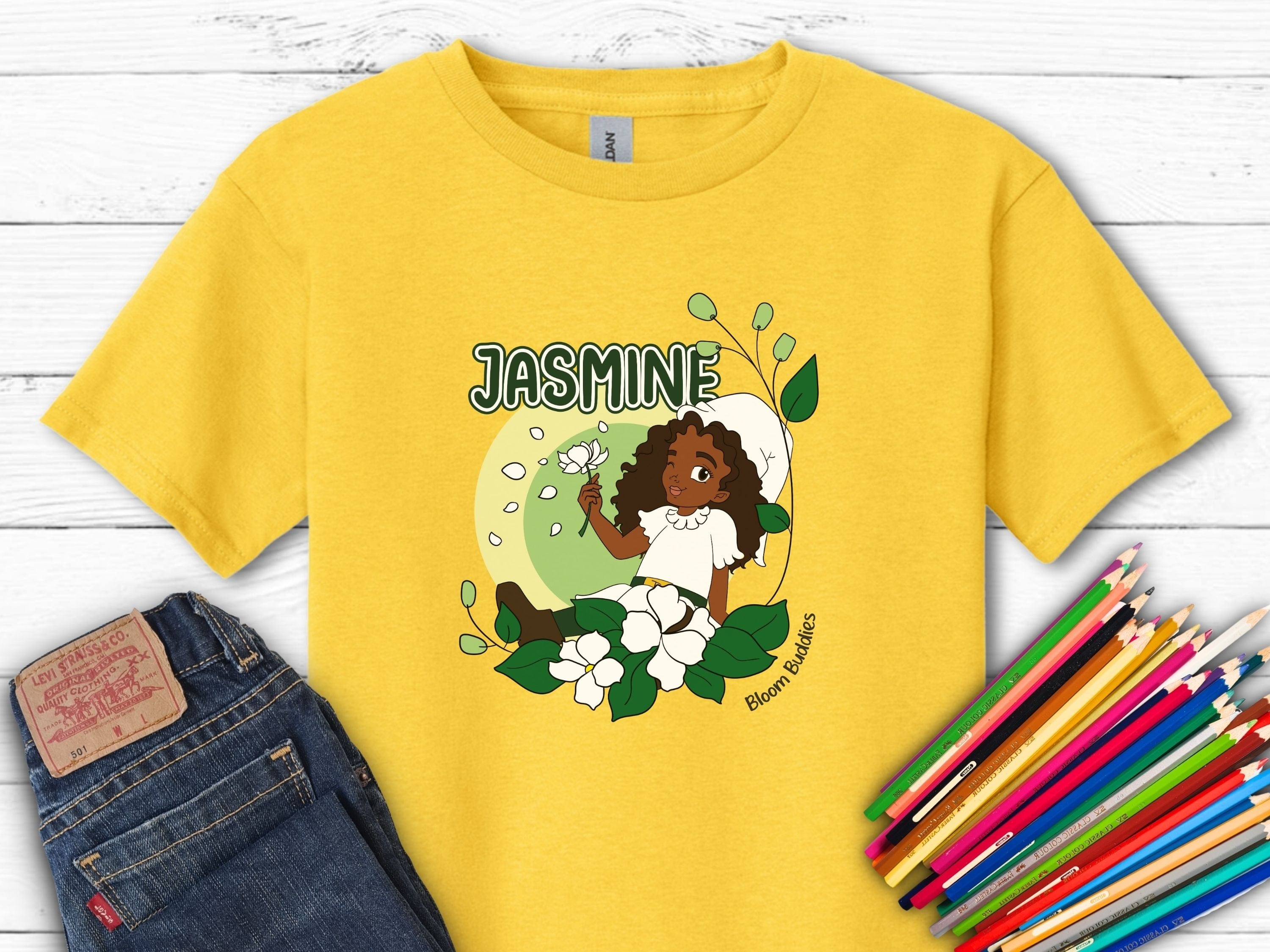 Jasmine Sitting In The Flowers - Bloom Buddies Kids T-Shirt-Daisy-Neurodiversity, ADHD & Autism Awareness & Acceptance Kids clothes by Daily Bloom