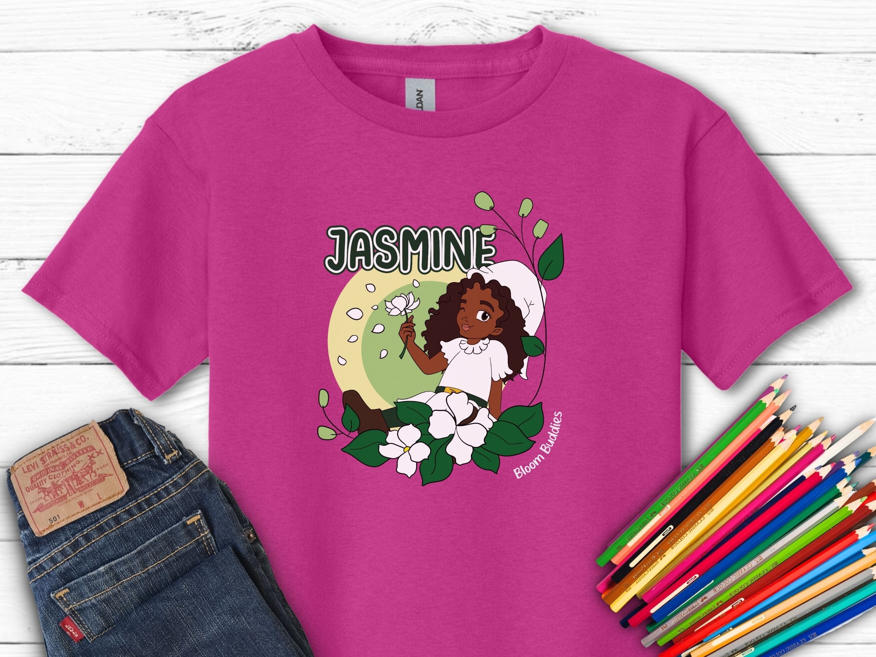 Jasmine Sitting In The Flowers - Bloom Buddies Kids T-Shirt-Heliconia-Neurodiversity, ADHD & Autism Awareness & Acceptance Kids clothes by Daily Bloom