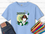 Jasmine Sitting In The Flowers - Bloom Buddies Kids T-Shirt-Light Blue-Neurodiversity, ADHD & Autism Awareness & Acceptance Kids clothes by Daily Bloom