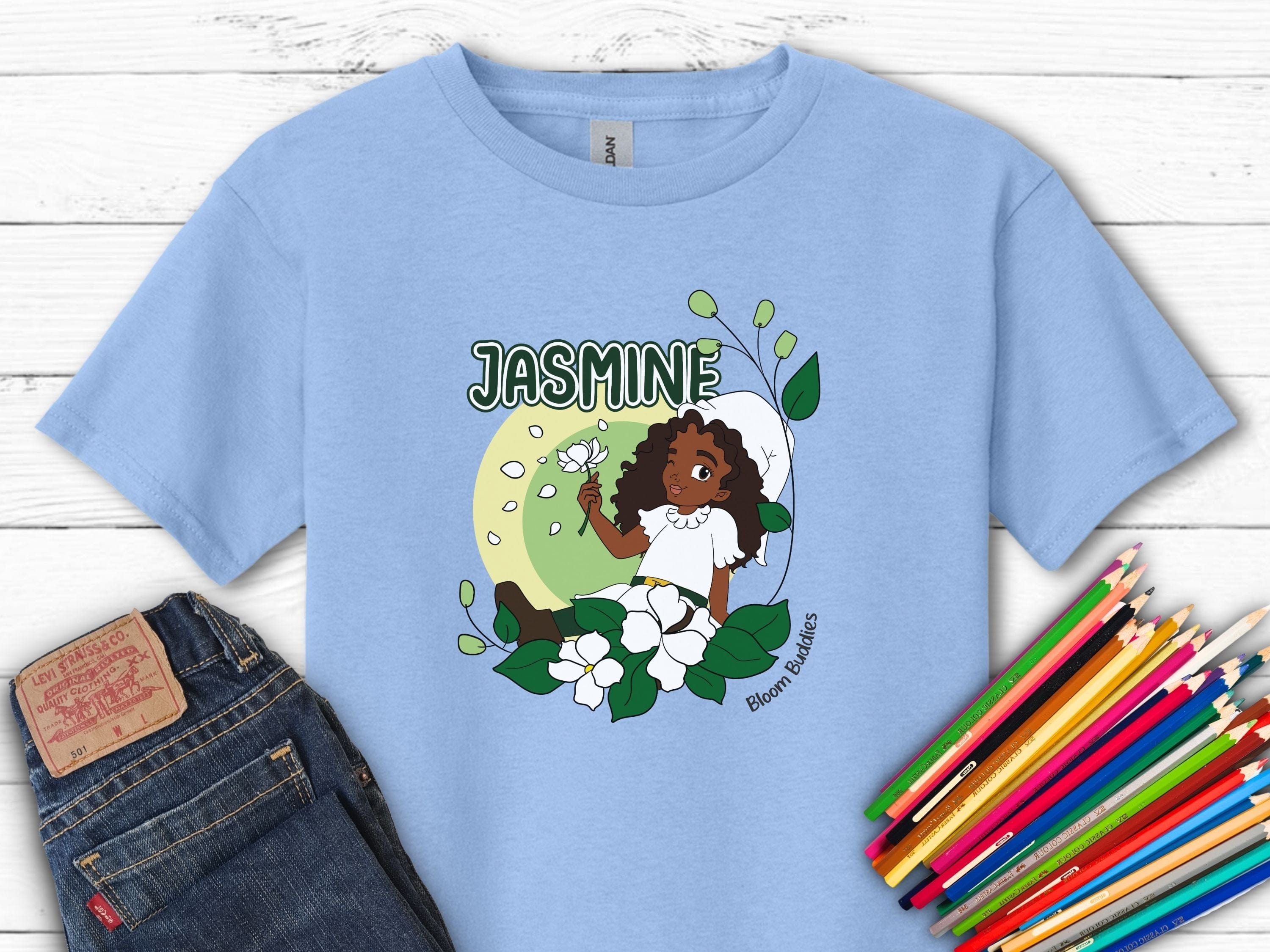 Jasmine Sitting In The Flowers - Bloom Buddies Kids T-Shirt-Light Blue-Neurodiversity, ADHD & Autism Awareness & Acceptance Kids clothes by Daily Bloom