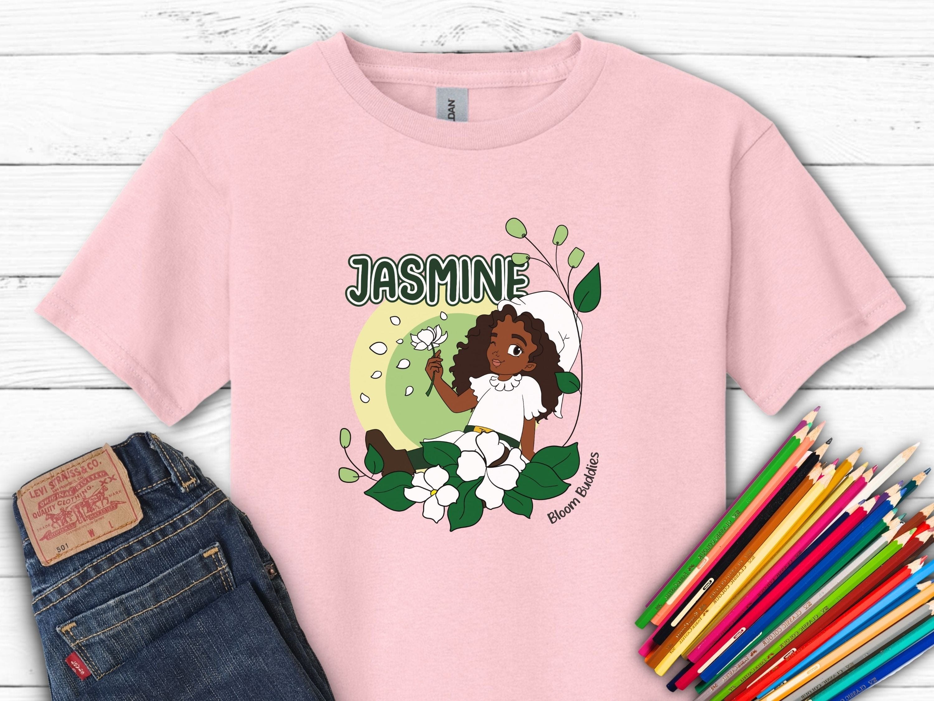 Jasmine Sitting In The Flowers - Bloom Buddies Kids T-Shirt-Light Pink-Neurodiversity, ADHD & Autism Awareness & Acceptance Kids clothes by Daily Bloom