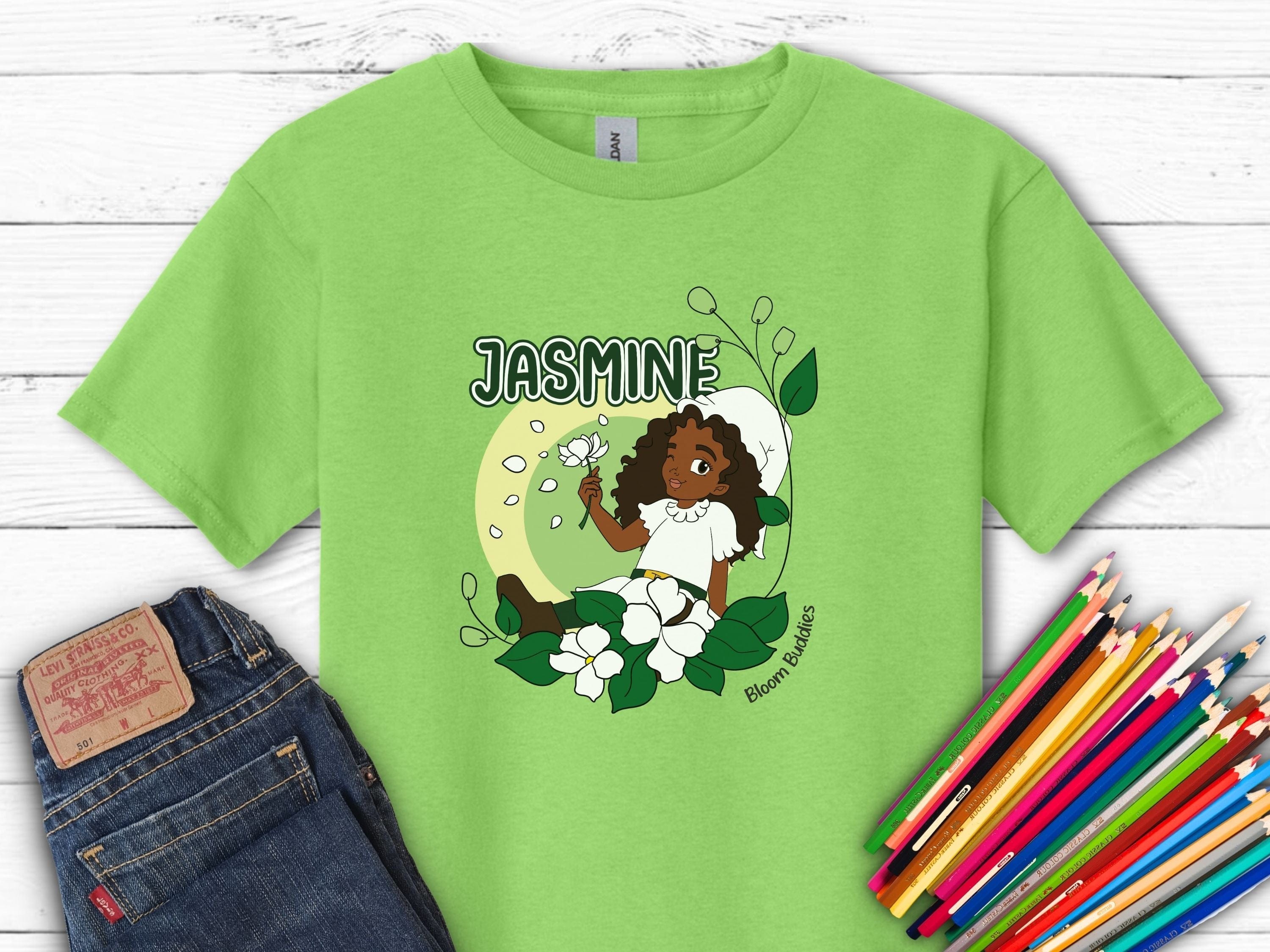 Jasmine Sitting In The Flowers - Bloom Buddies Kids T-Shirt-Lime-Neurodiversity, ADHD & Autism Awareness & Acceptance Kids clothes by Daily Bloom