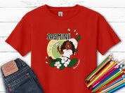 Jasmine Sitting In The Flowers - Bloom Buddies Kids T-Shirt-Red-Neurodiversity, ADHD & Autism Awareness & Acceptance Kids clothes by Daily Bloom