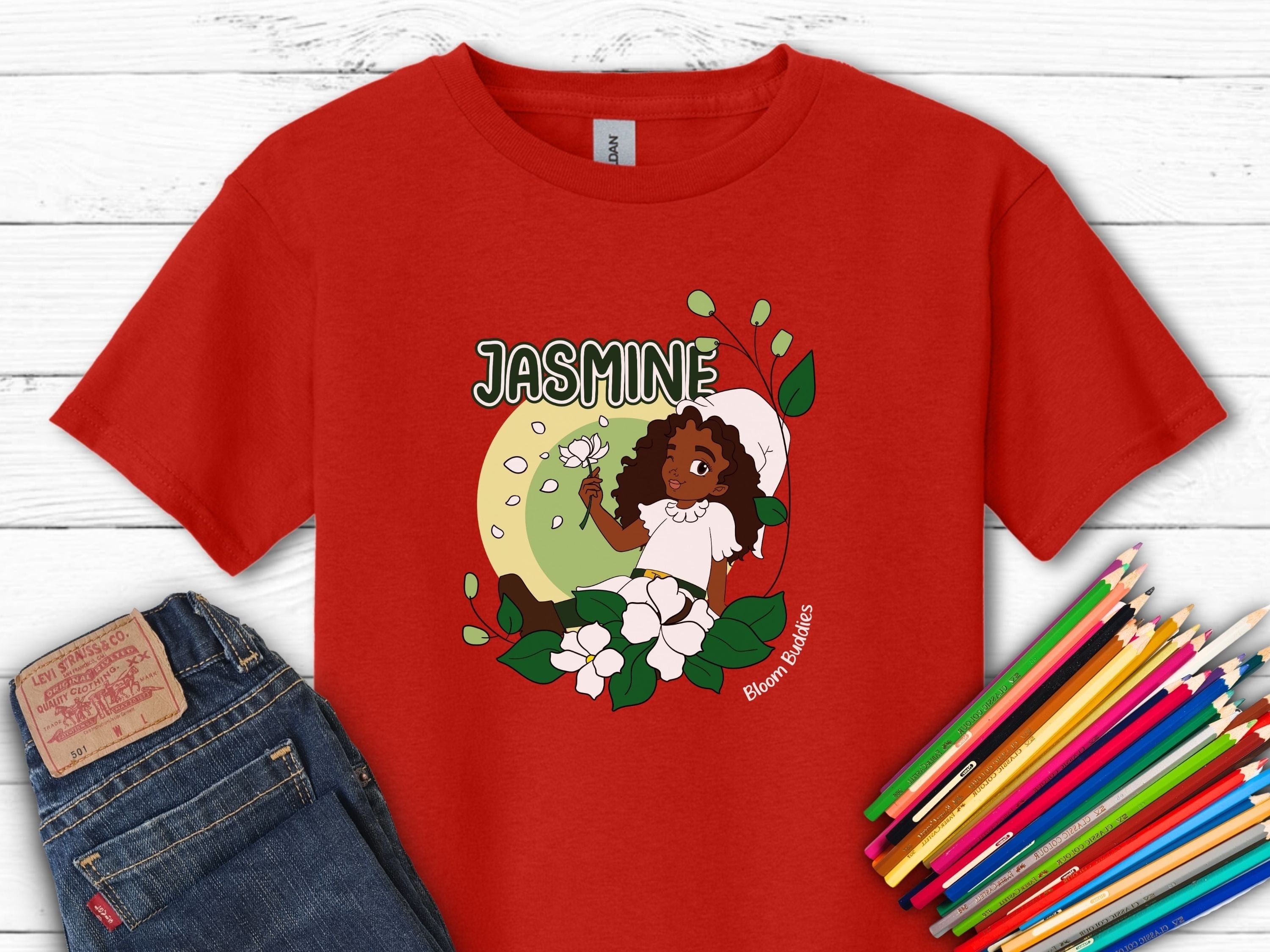 Jasmine Sitting In The Flowers - Bloom Buddies Kids T-Shirt-Red-Neurodiversity, ADHD & Autism Awareness & Acceptance Kids clothes by Daily Bloom
