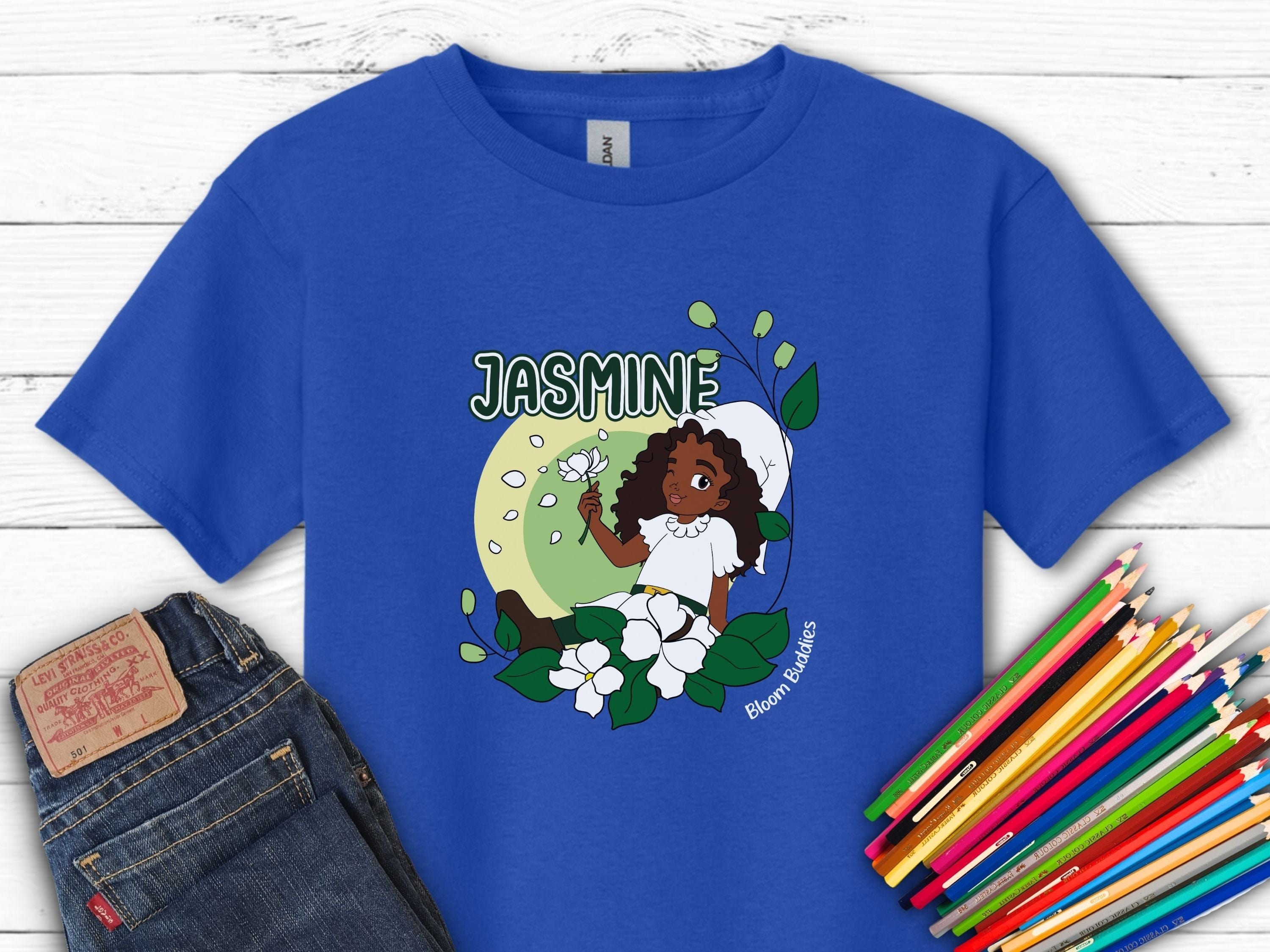 Jasmine Sitting In The Flowers - Bloom Buddies Kids T-Shirt-Royal-Neurodiversity, ADHD & Autism Awareness & Acceptance Kids clothes by Daily Bloom