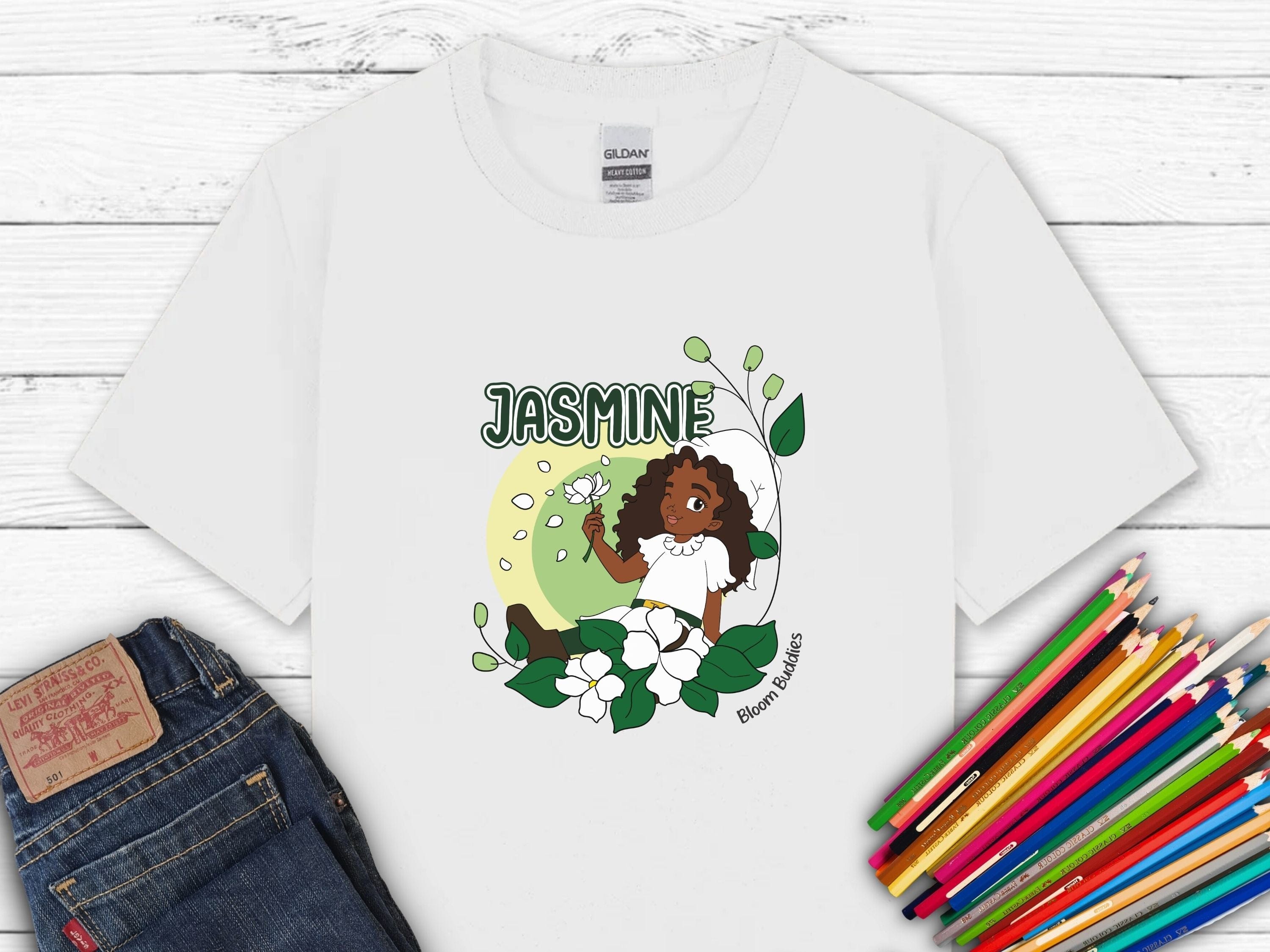Jasmine Sitting In The Flowers - Bloom Buddies Kids T-Shirt-White-Neurodiversity, ADHD & Autism Awareness & Acceptance Kids clothes by Daily Bloom