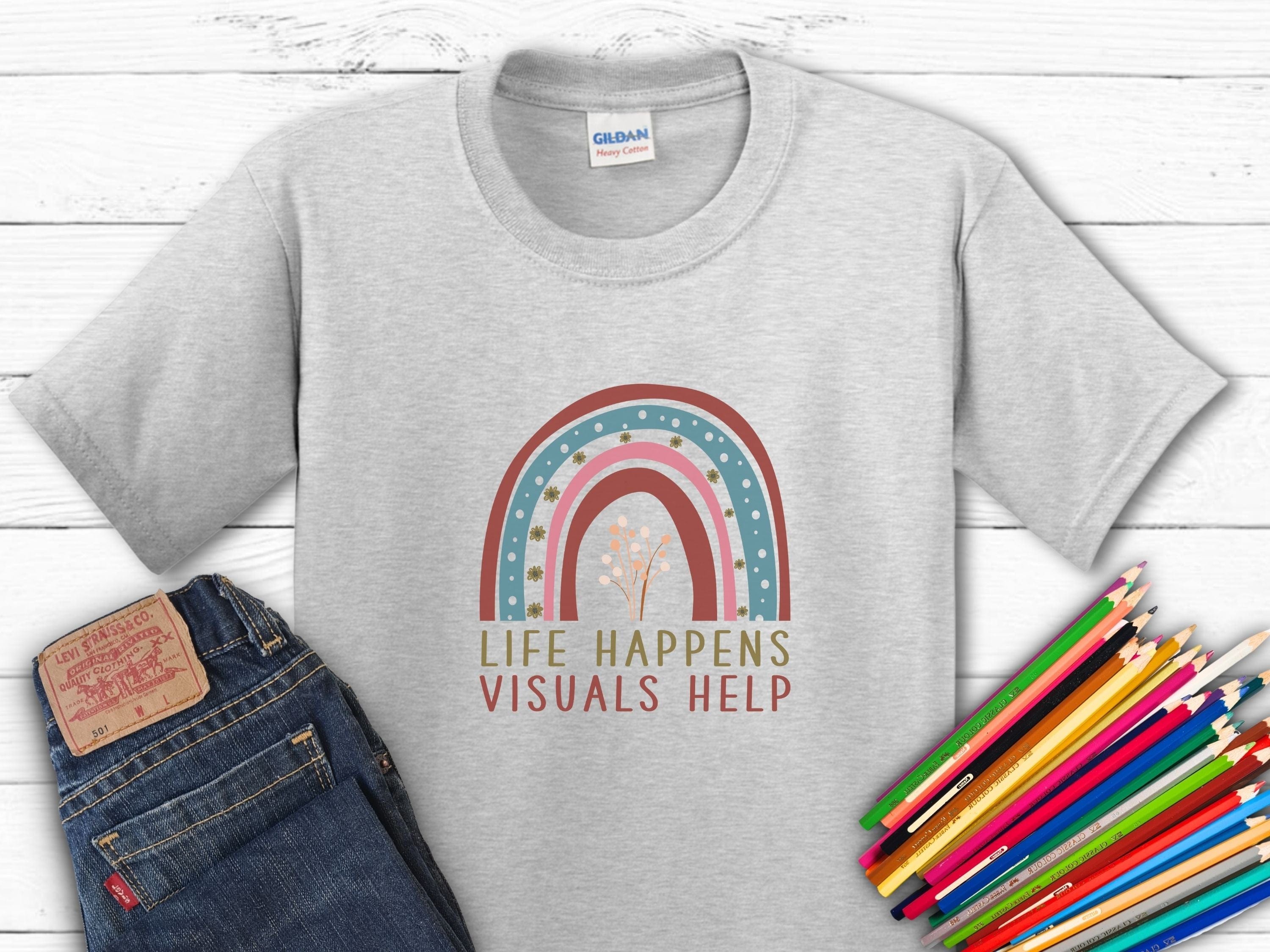 Life Happens Visuals Help Kids T-Shirt-Ash-Neurodiversity, ADHD & Autism Awareness & Acceptance Kids clothes by Daily Bloom