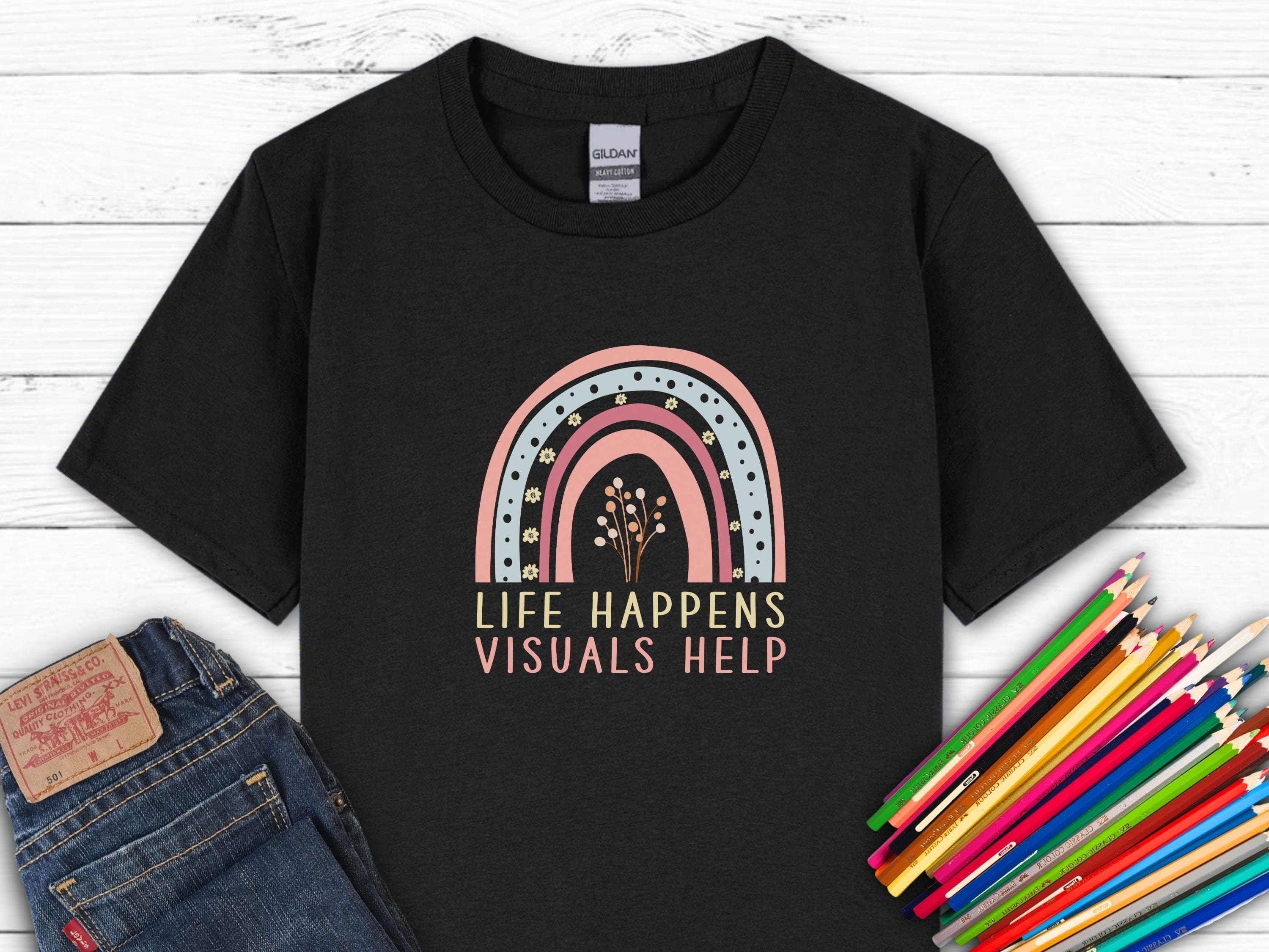 Life Happens Visuals Help Kids T-Shirt-Black-Neurodiversity, ADHD & Autism Awareness & Acceptance Kids clothes by Daily Bloom