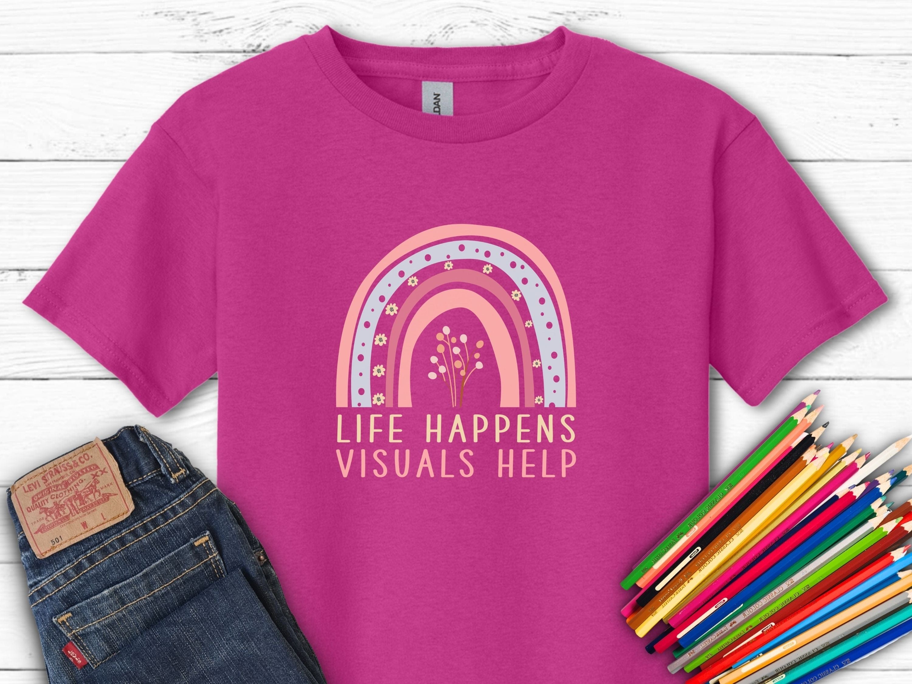 Life Happens Visuals Help Kids T-Shirt-Heliconia-Neurodiversity, ADHD & Autism Awareness & Acceptance Kids clothes by Daily Bloom