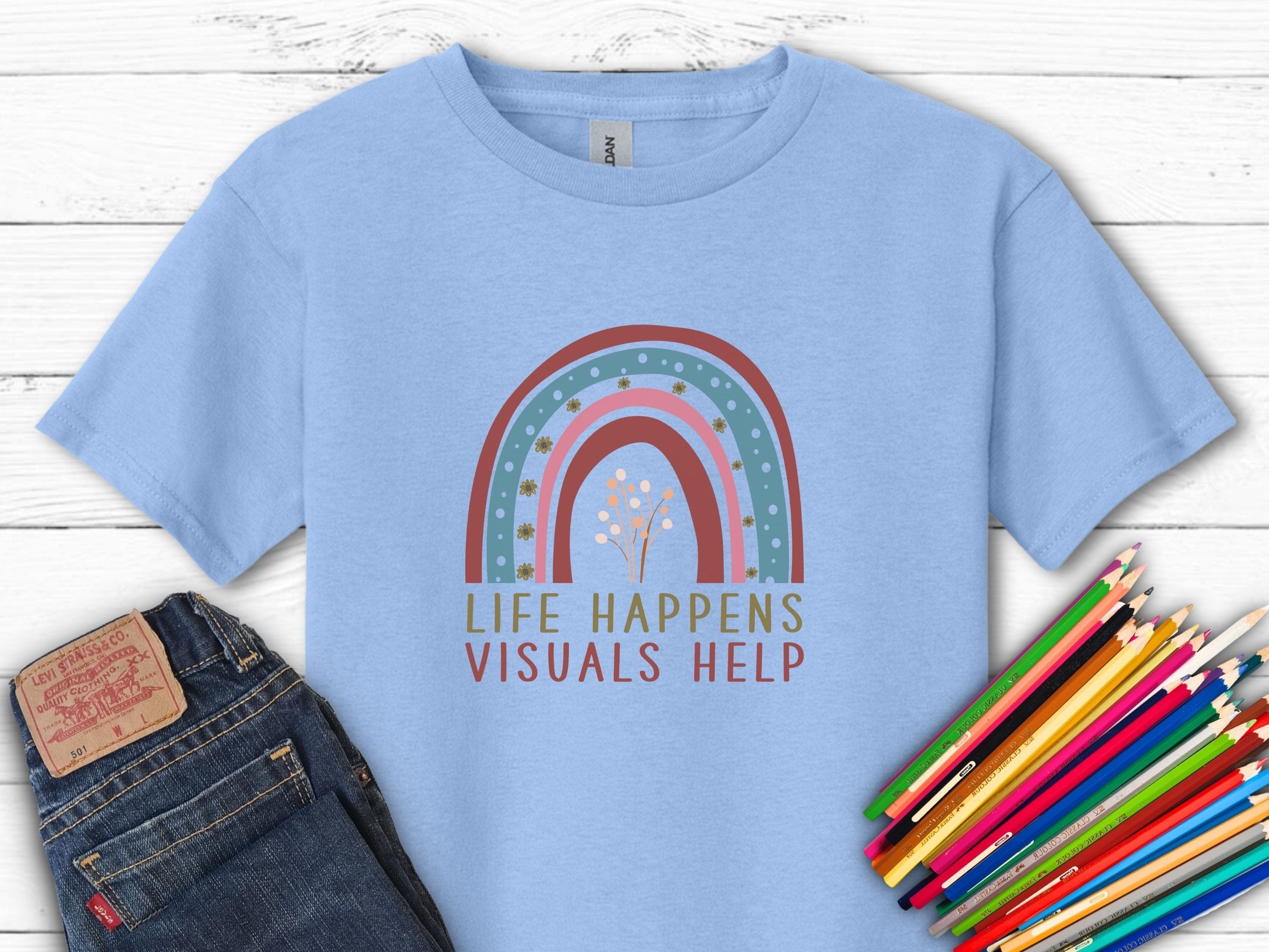 Life Happens Visuals Help Kids T-Shirt-Light Blue-Neurodiversity, ADHD & Autism Awareness & Acceptance Kids clothes by Daily Bloom