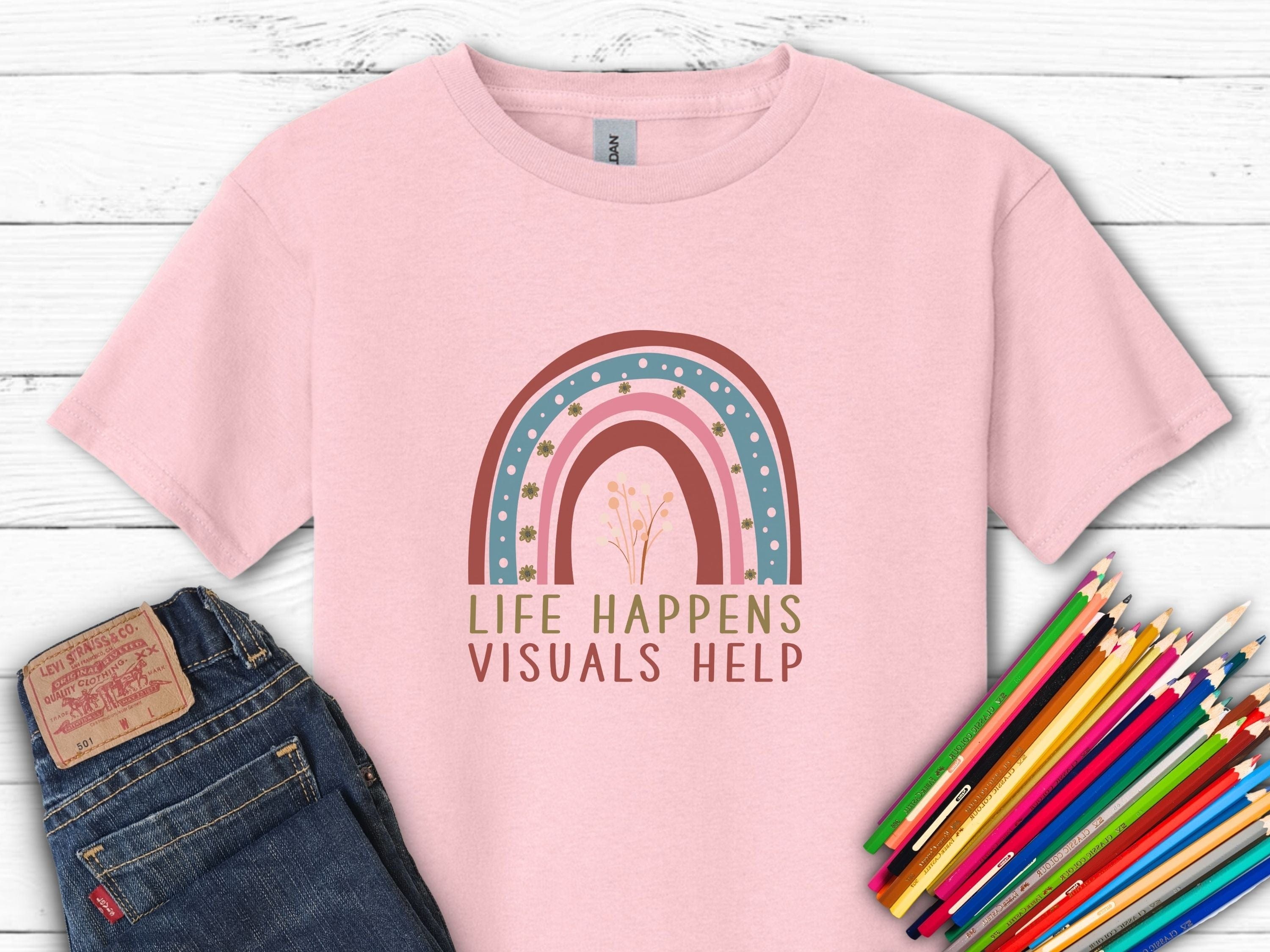 Life Happens Visuals Help Kids T-Shirt-Light Pink-Neurodiversity, ADHD & Autism Awareness & Acceptance Kids clothes by Daily Bloom