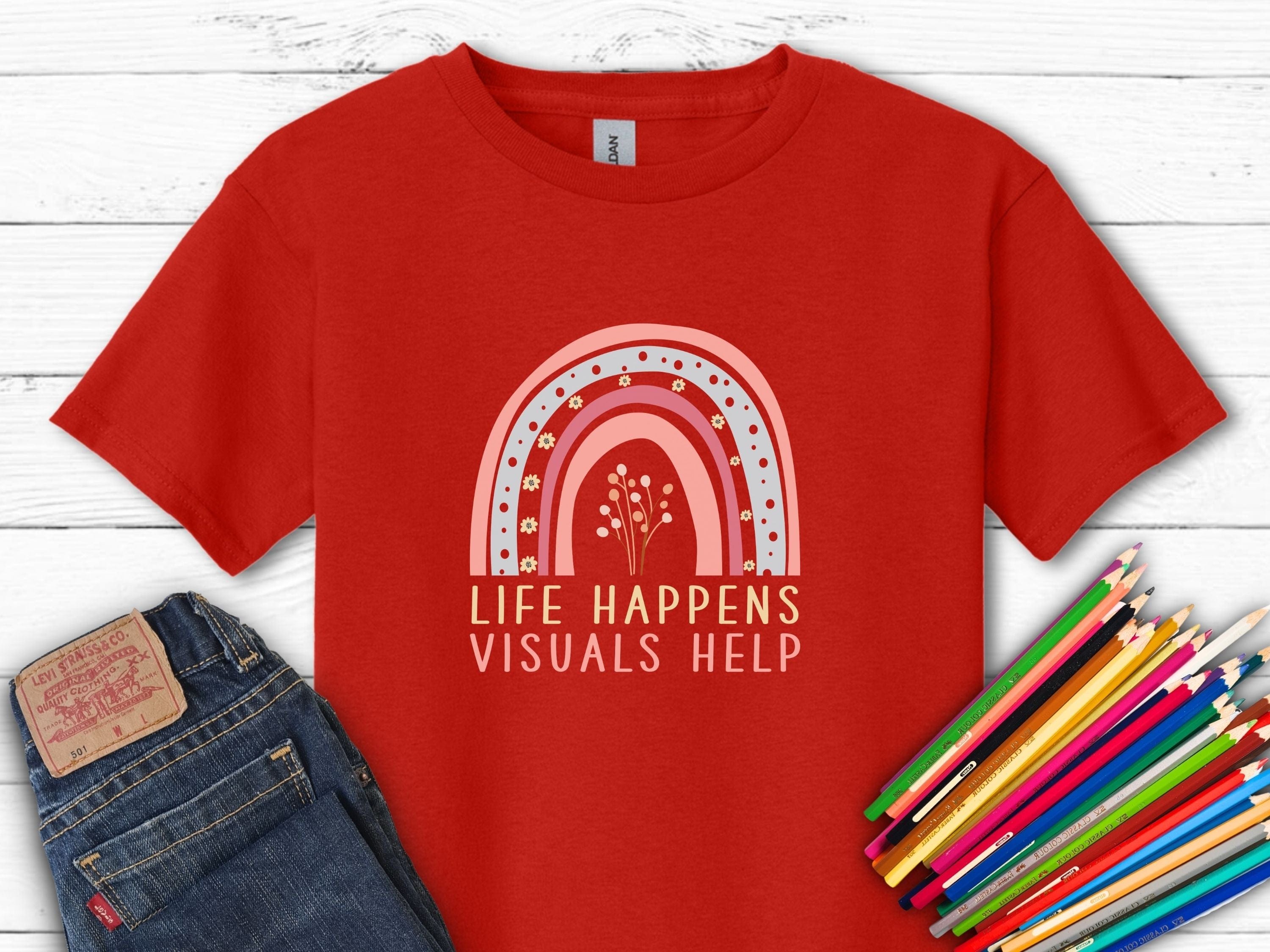 Life Happens Visuals Help Kids T-Shirt-Red-Neurodiversity, ADHD & Autism Awareness & Acceptance Kids clothes by Daily Bloom