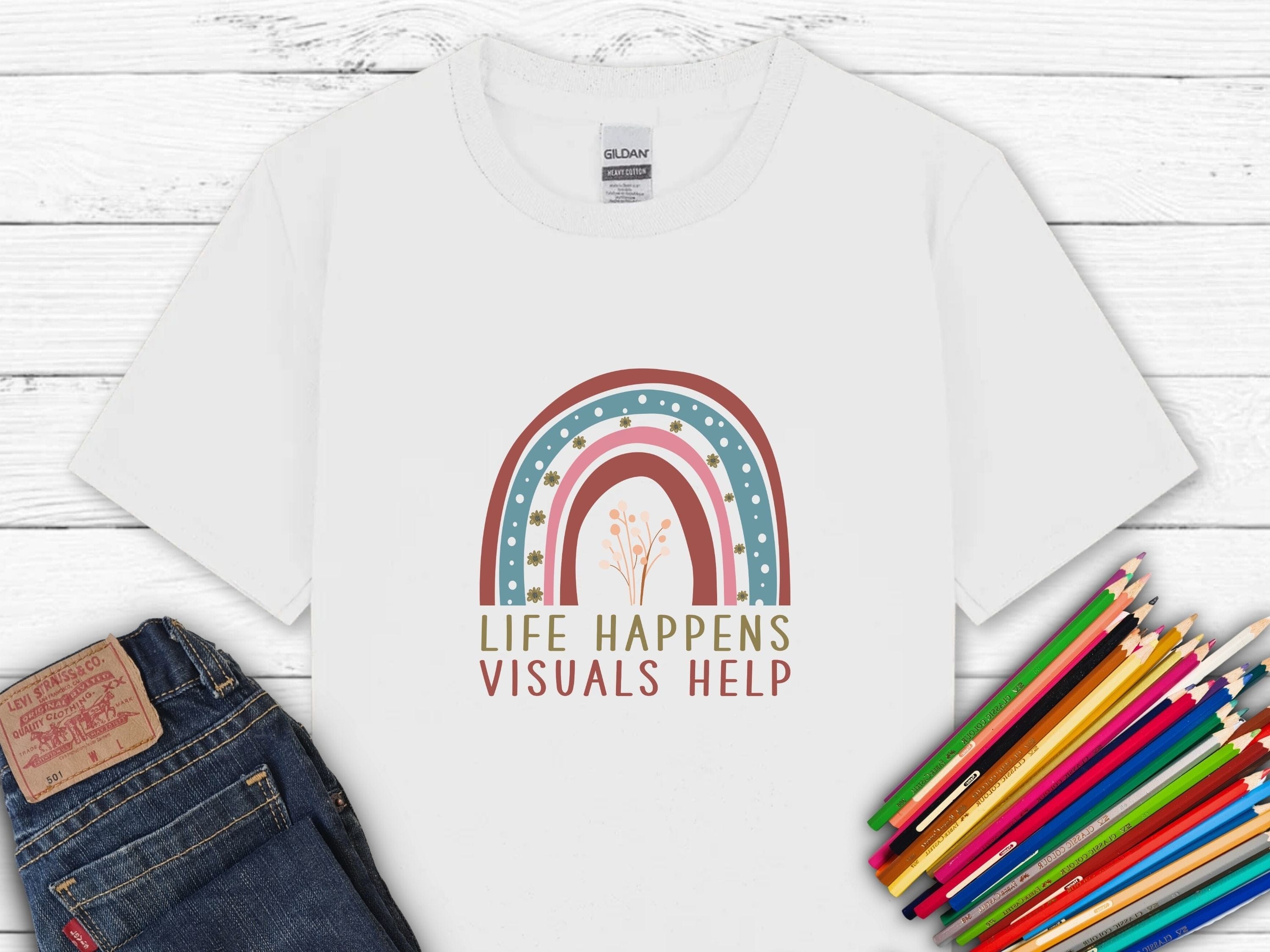 Life Happens Visuals Help Kids T-Shirt-White-Neurodiversity, ADHD & Autism Awareness & Acceptance Kids clothes by Daily Bloom