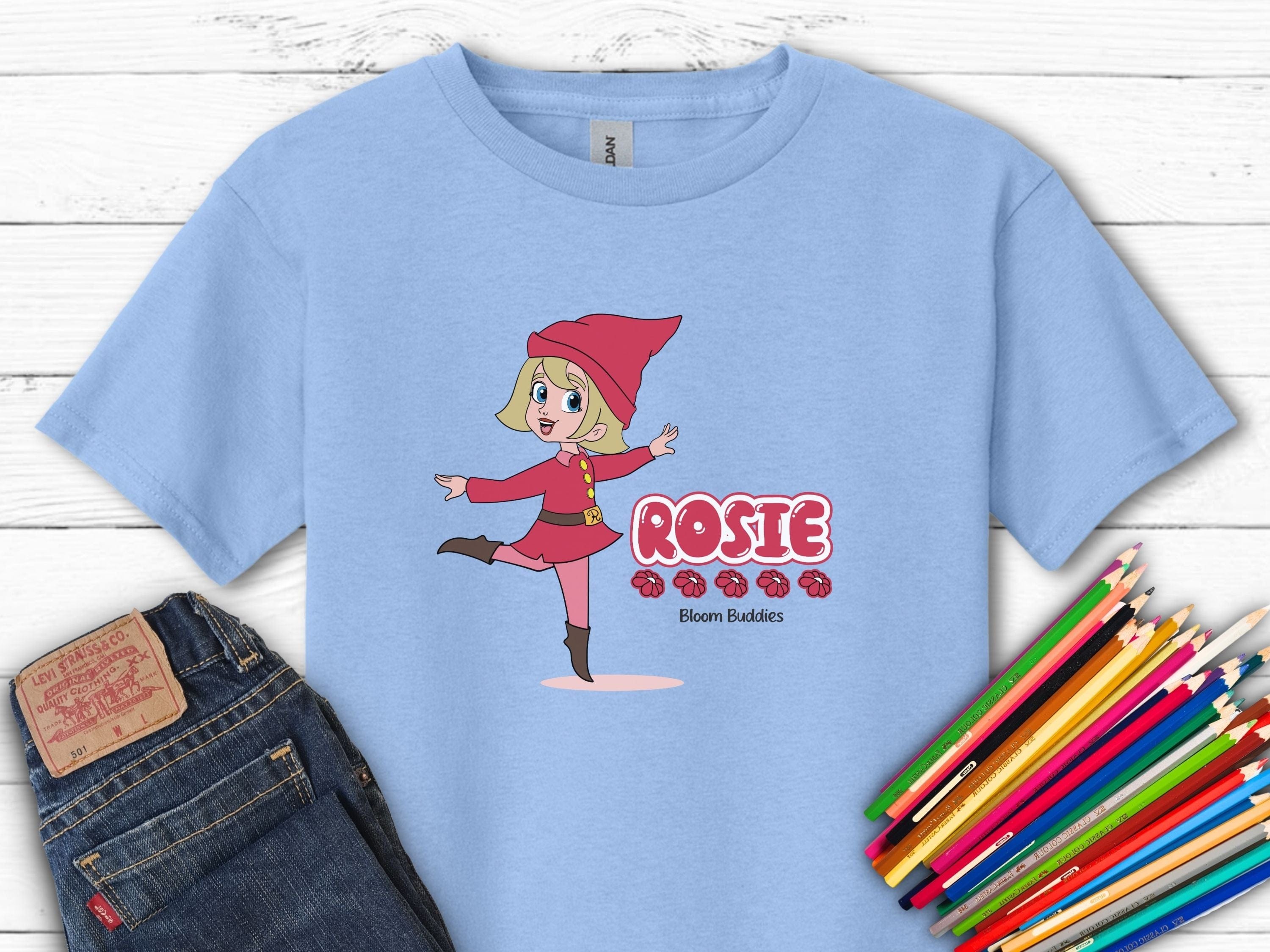 Rosie Skipping - Bloom Buddies Kids T-Shirt-Light Blue-Neurodiversity, ADHD & Autism Awareness & Acceptance Kids clothes by Daily Bloom