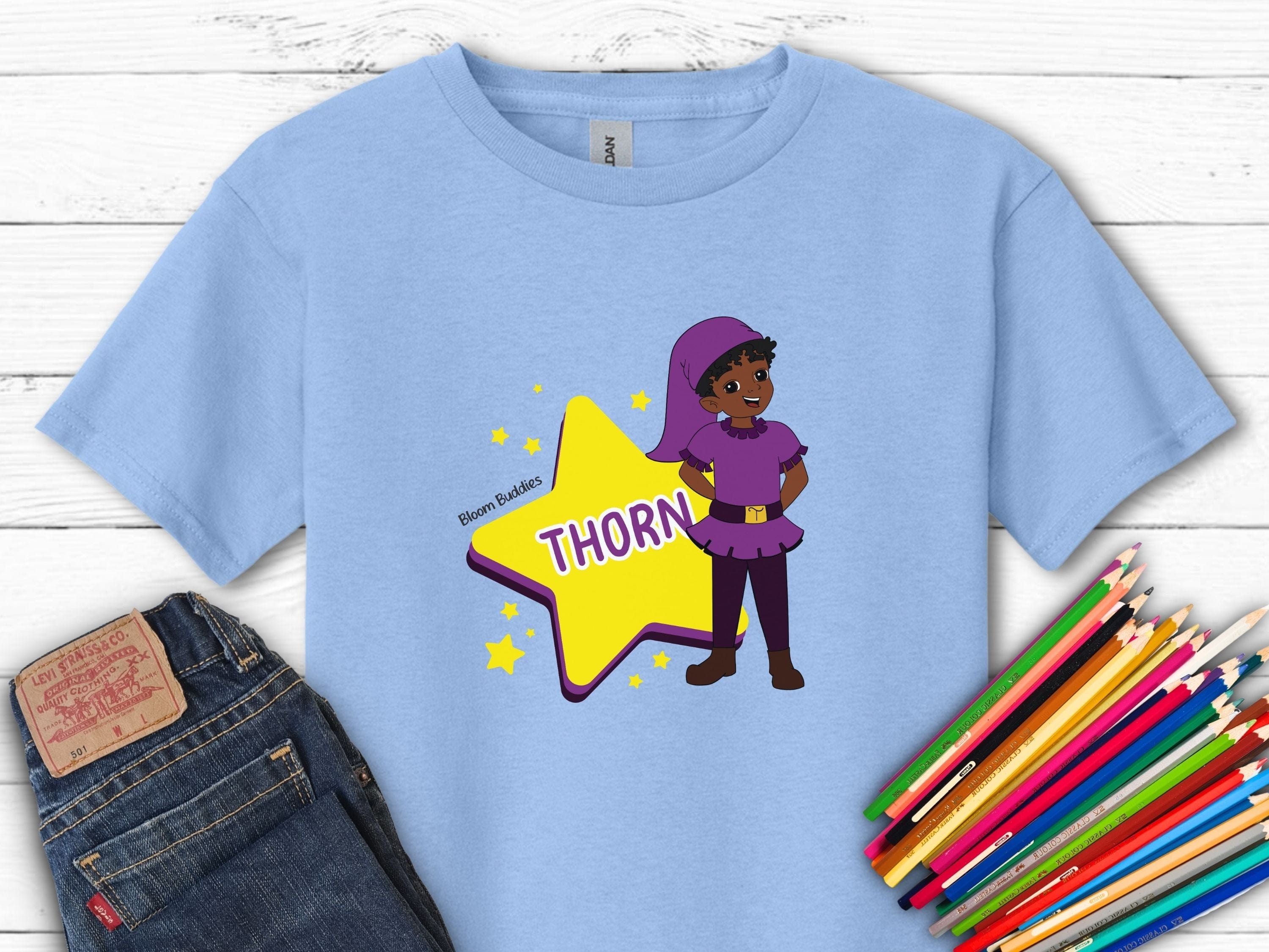Thorn the Star - Bloom Buddies Kids T-Shirt-Light Blue-Neurodiversity, ADHD & Autism Awareness & Acceptance Kids clothes by Daily Bloom
