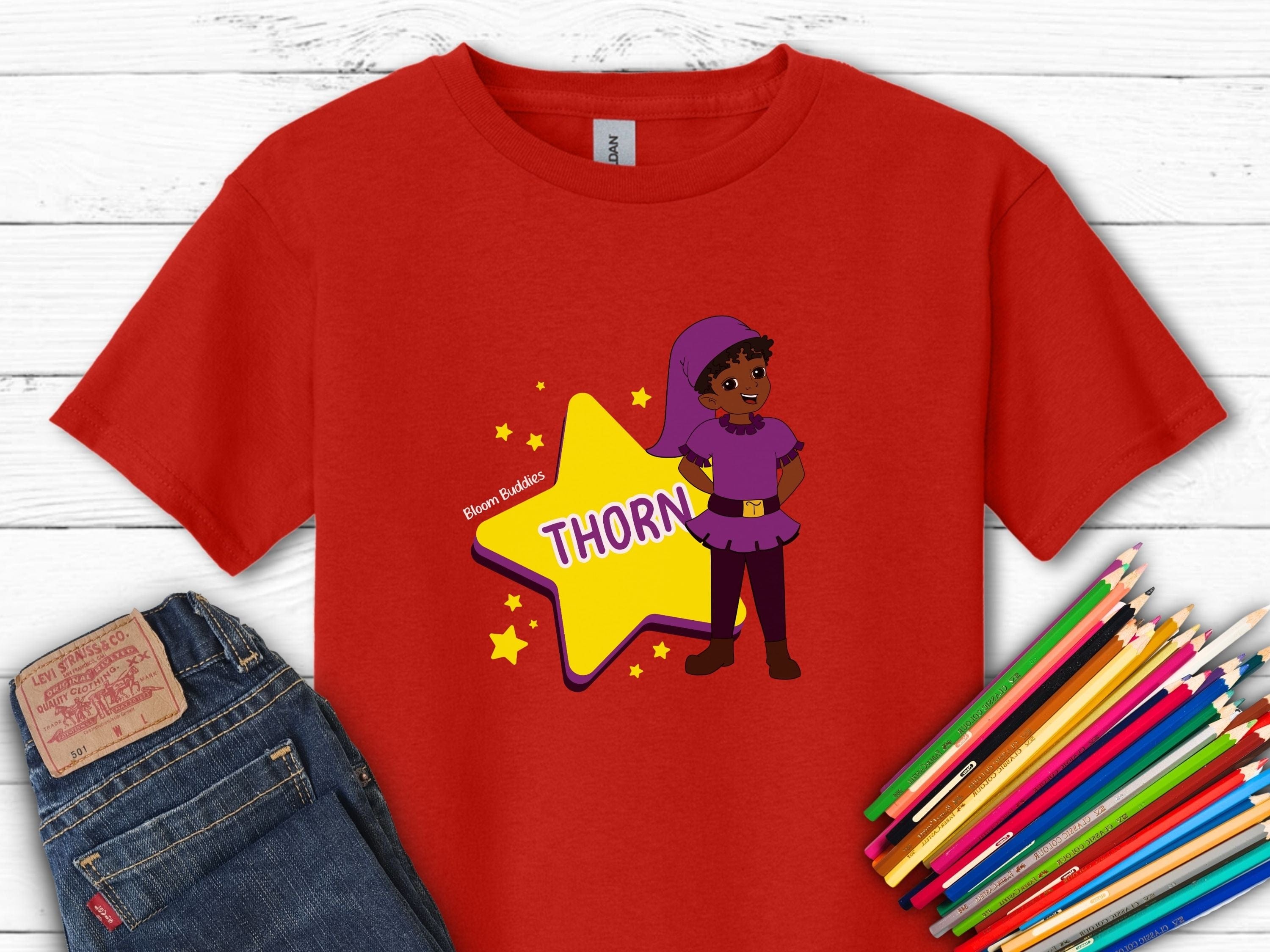 Thorn the Star - Bloom Buddies Kids T-Shirt-Red-Neurodiversity, ADHD & Autism Awareness & Acceptance Kids clothes by Daily Bloom