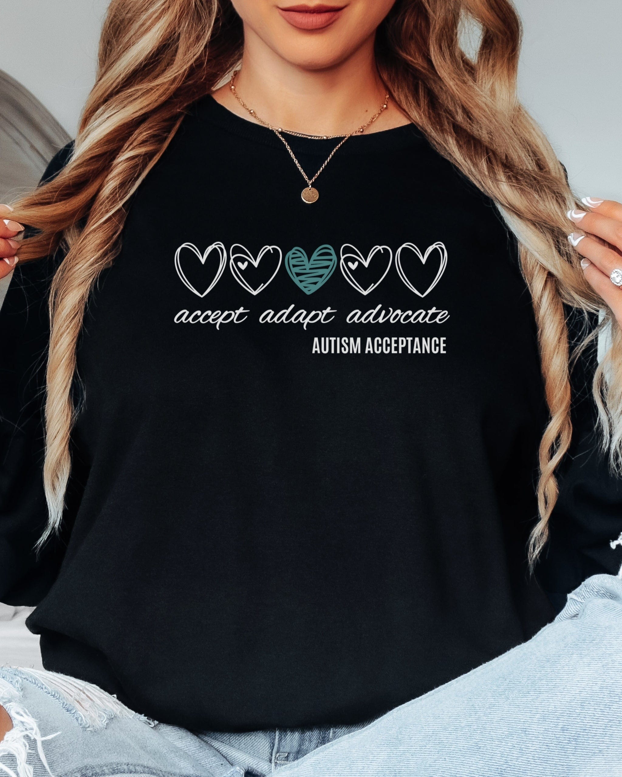 Accept Adapt Advocate Love Hearts Long Sleeve T-Shirt-Neurodiversity, ADHD & Autism Awareness & Acceptance Long-sleeve by Daily Bloom