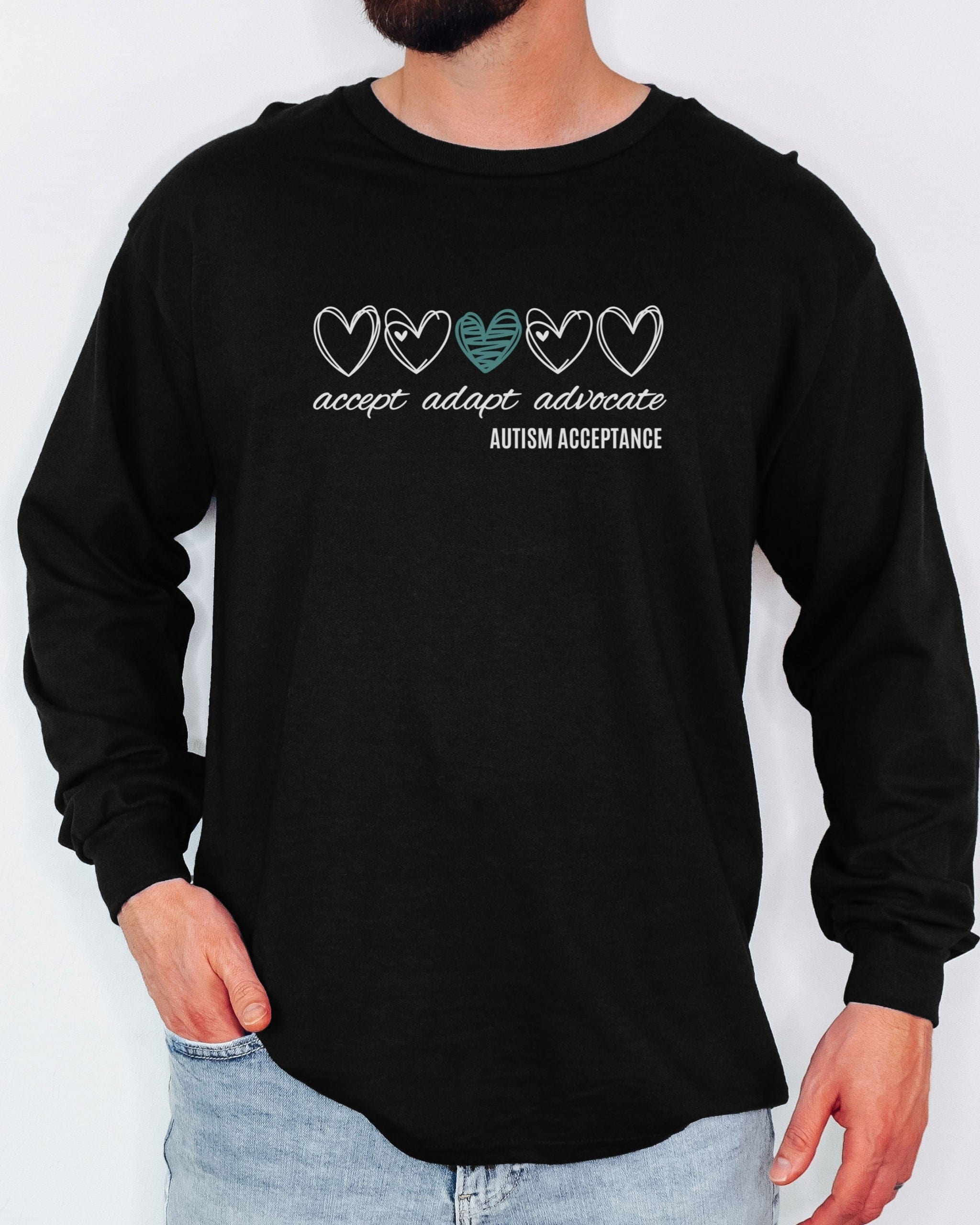 Accept Adapt Advocate Love Hearts Long Sleeve T-Shirt-Neurodiversity, ADHD & Autism Awareness & Acceptance Long-sleeve by Daily Bloom