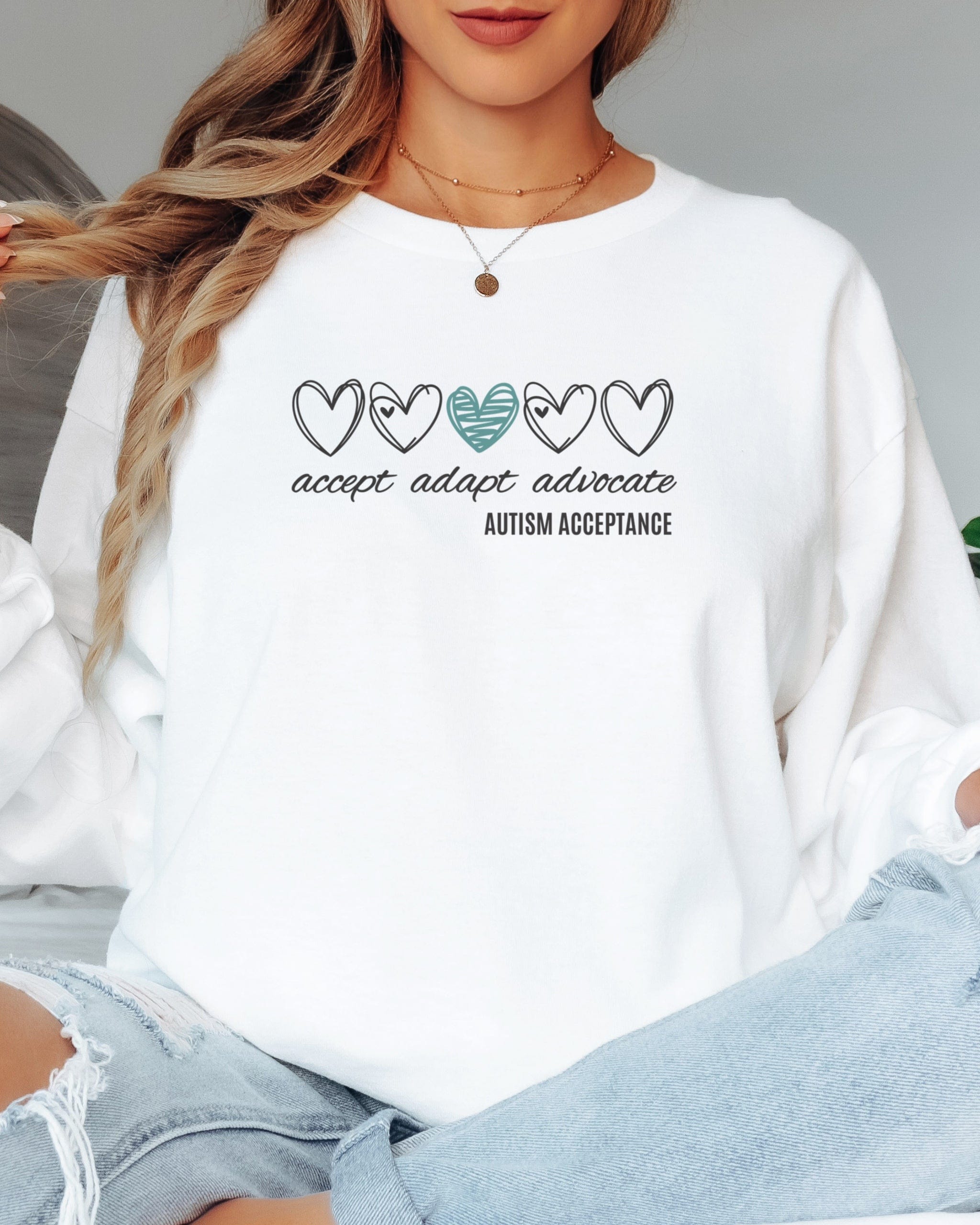 Accept Adapt Advocate Love Hearts Long Sleeve T-Shirt-Neurodiversity, ADHD & Autism Awareness & Acceptance Long-sleeve by Daily Bloom
