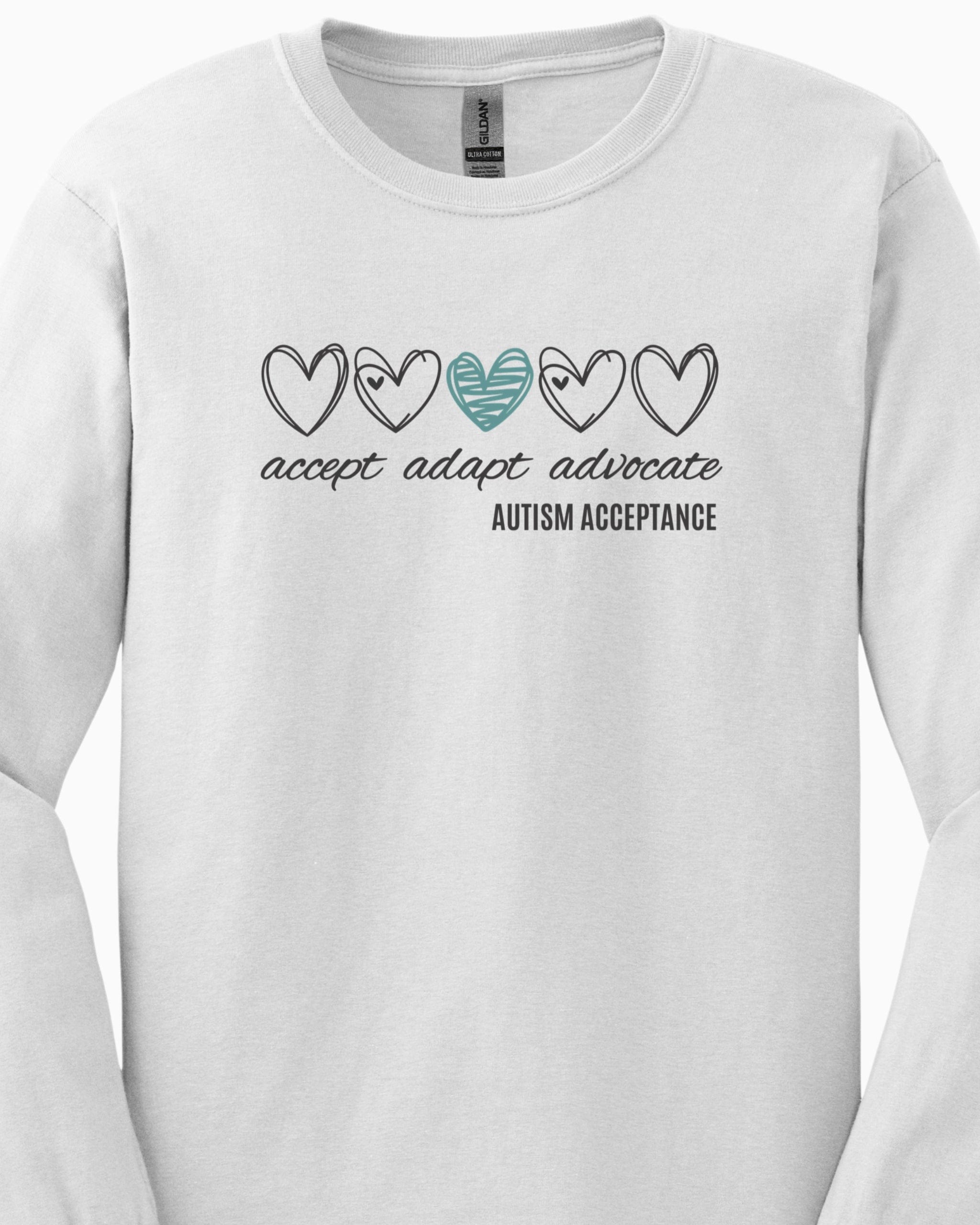 Accept Adapt Advocate Love Hearts Long Sleeve T-Shirt-Neurodiversity, ADHD & Autism Awareness & Acceptance Long-sleeve by Daily Bloom