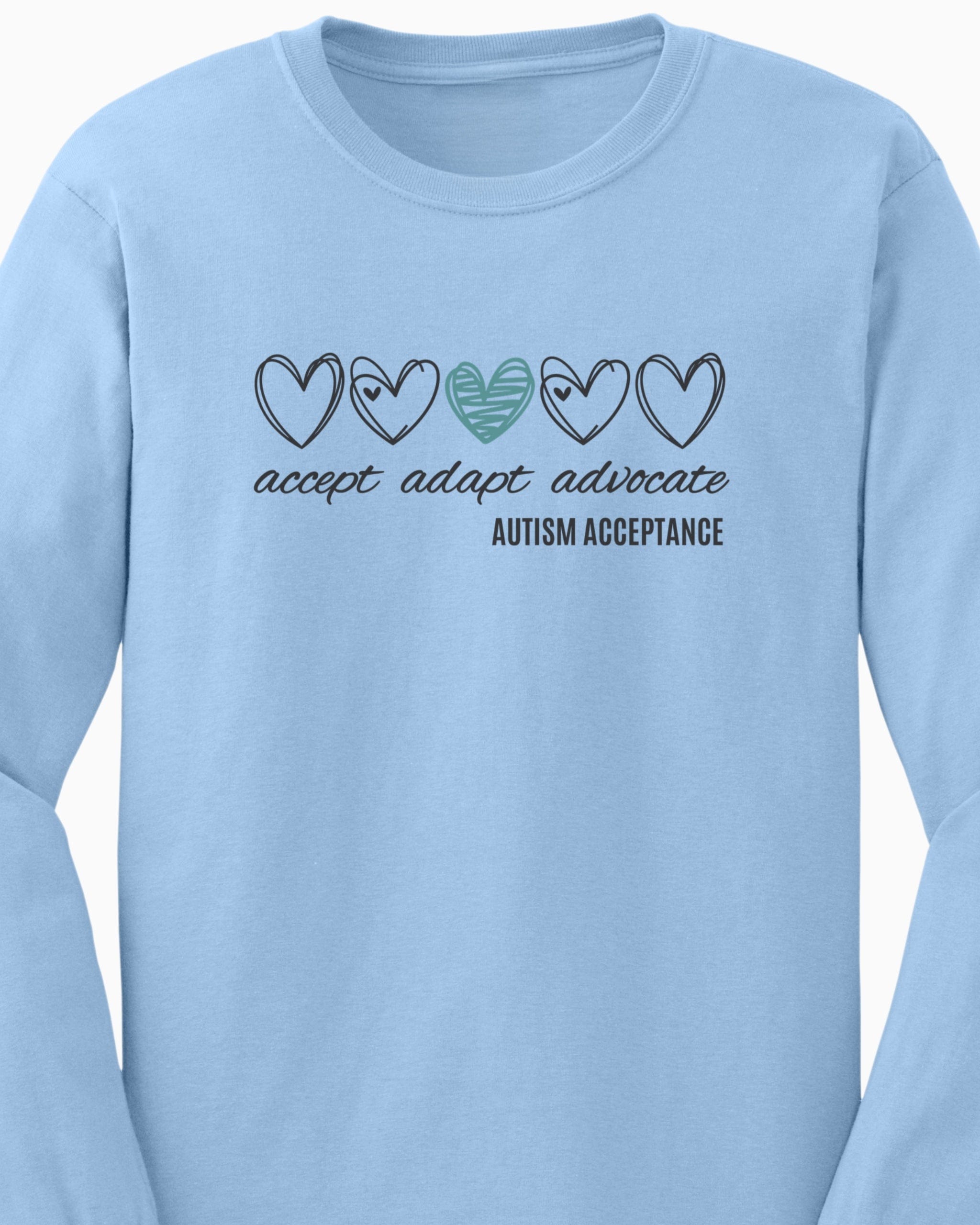 Accept Adapt Advocate Love Hearts Long Sleeve T-Shirt-Neurodiversity, ADHD & Autism Awareness & Acceptance Long-sleeve by Daily Bloom