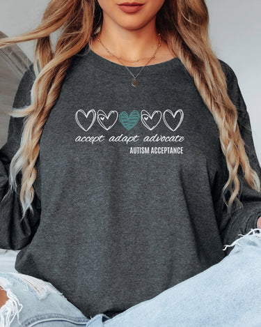 Autism Long - sleeve - Accept Adapt Advocate Love Hearts Long Sleeve T-Shirt - Daily Bloom