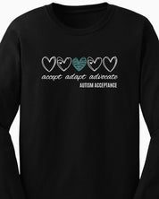 Accept Adapt Advocate Love Hearts Long Sleeve T-Shirt-Neurodiversity, ADHD & Autism Awareness & Acceptance Long-sleeve by Daily Bloom