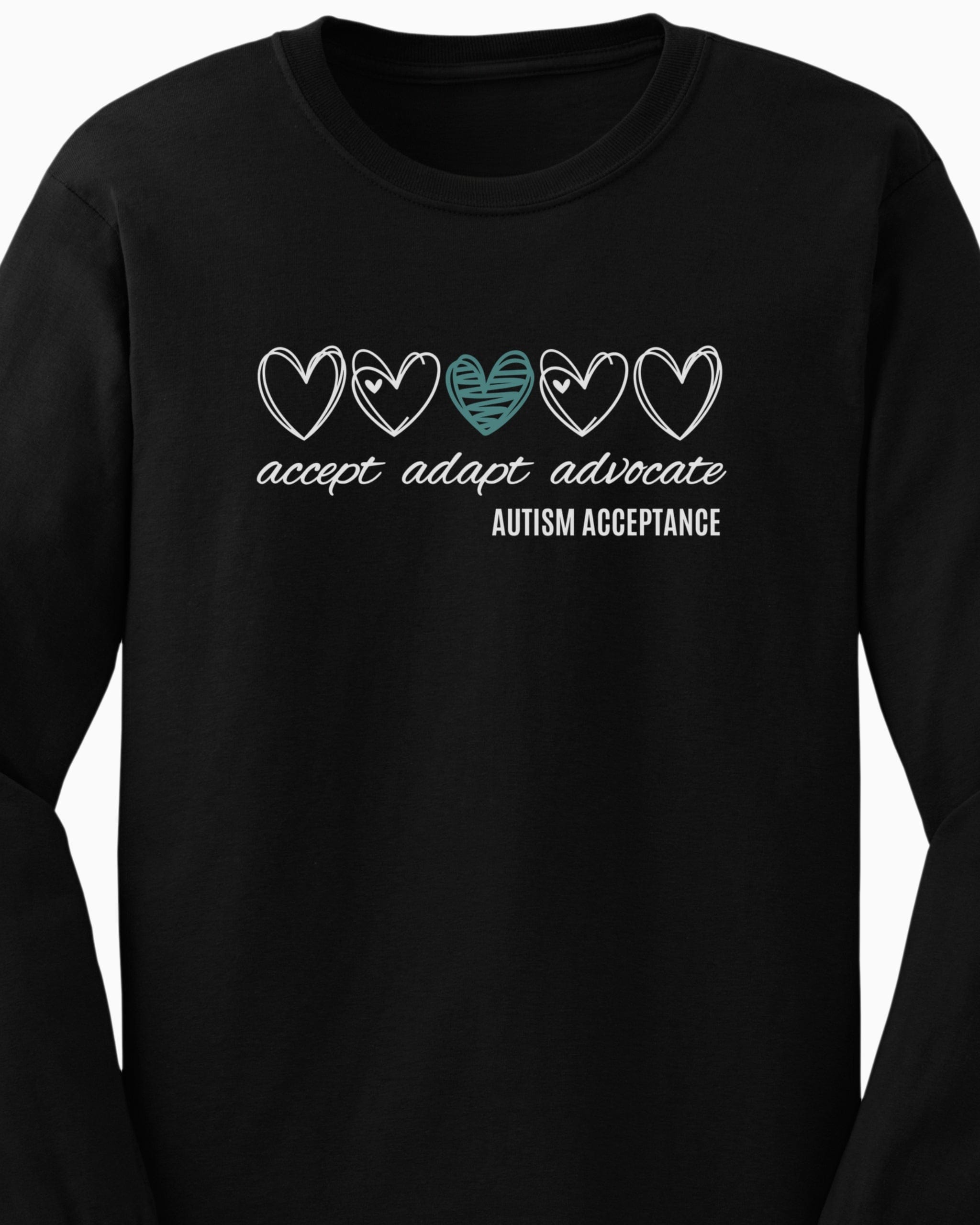 Accept Adapt Advocate Love Hearts Long Sleeve T-Shirt-Neurodiversity, ADHD & Autism Awareness & Acceptance Long-sleeve by Daily Bloom