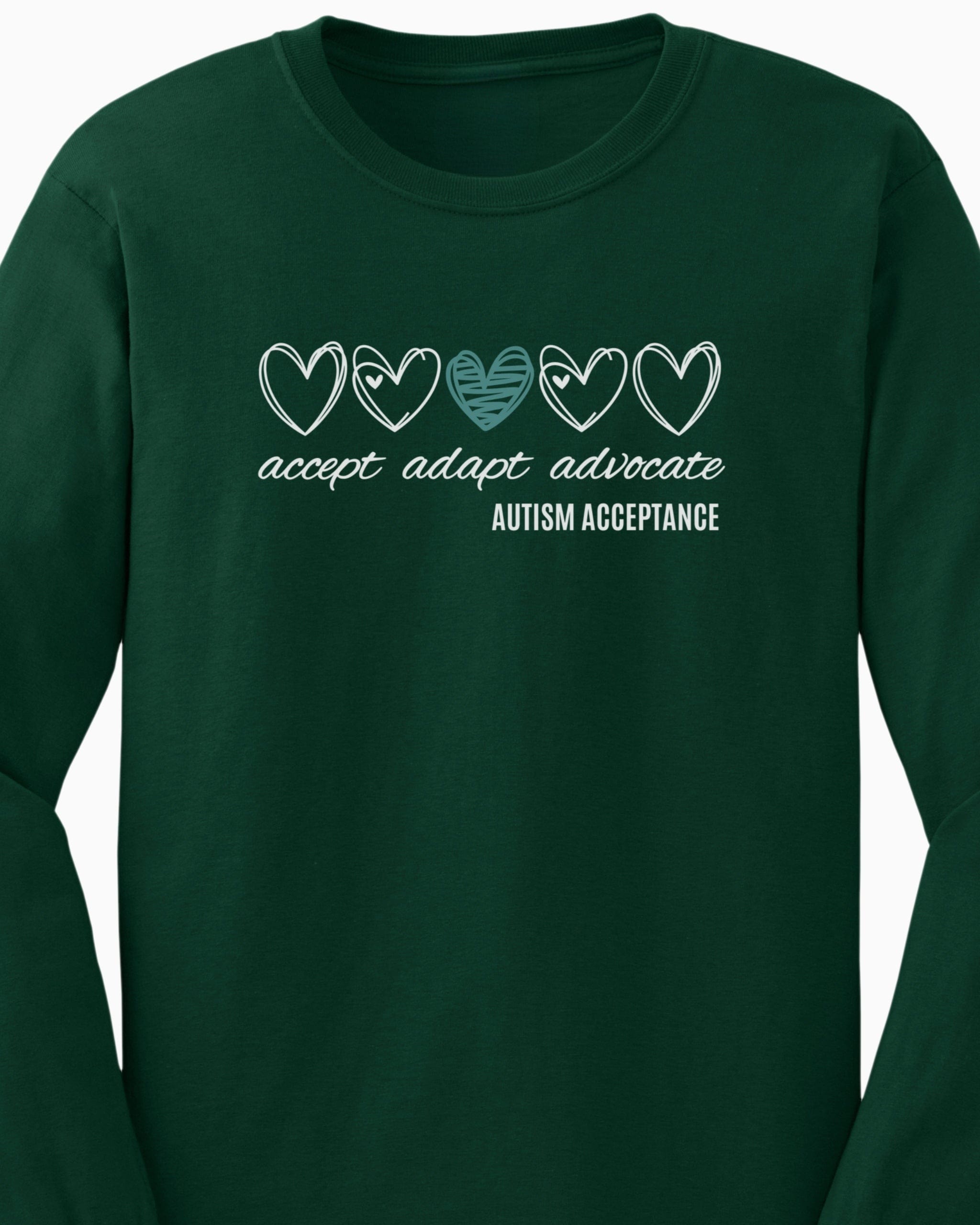 Accept Adapt Advocate Love Hearts Long Sleeve T-Shirt-Neurodiversity, ADHD & Autism Awareness & Acceptance Long-sleeve by Daily Bloom