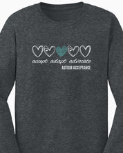 Accept Adapt Advocate Love Hearts Long Sleeve T-Shirt-Neurodiversity, ADHD & Autism Awareness & Acceptance Long-sleeve by Daily Bloom