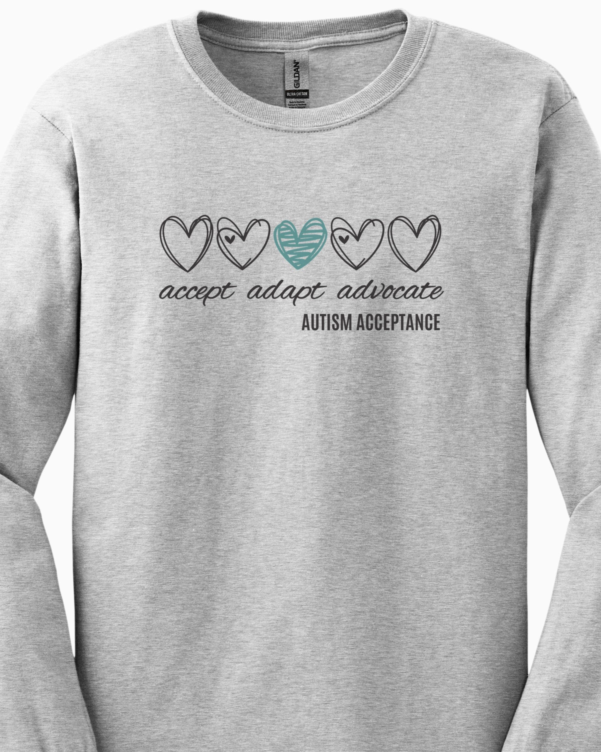 Accept Adapt Advocate Love Hearts Long Sleeve T-Shirt-Neurodiversity, ADHD & Autism Awareness & Acceptance Long-sleeve by Daily Bloom