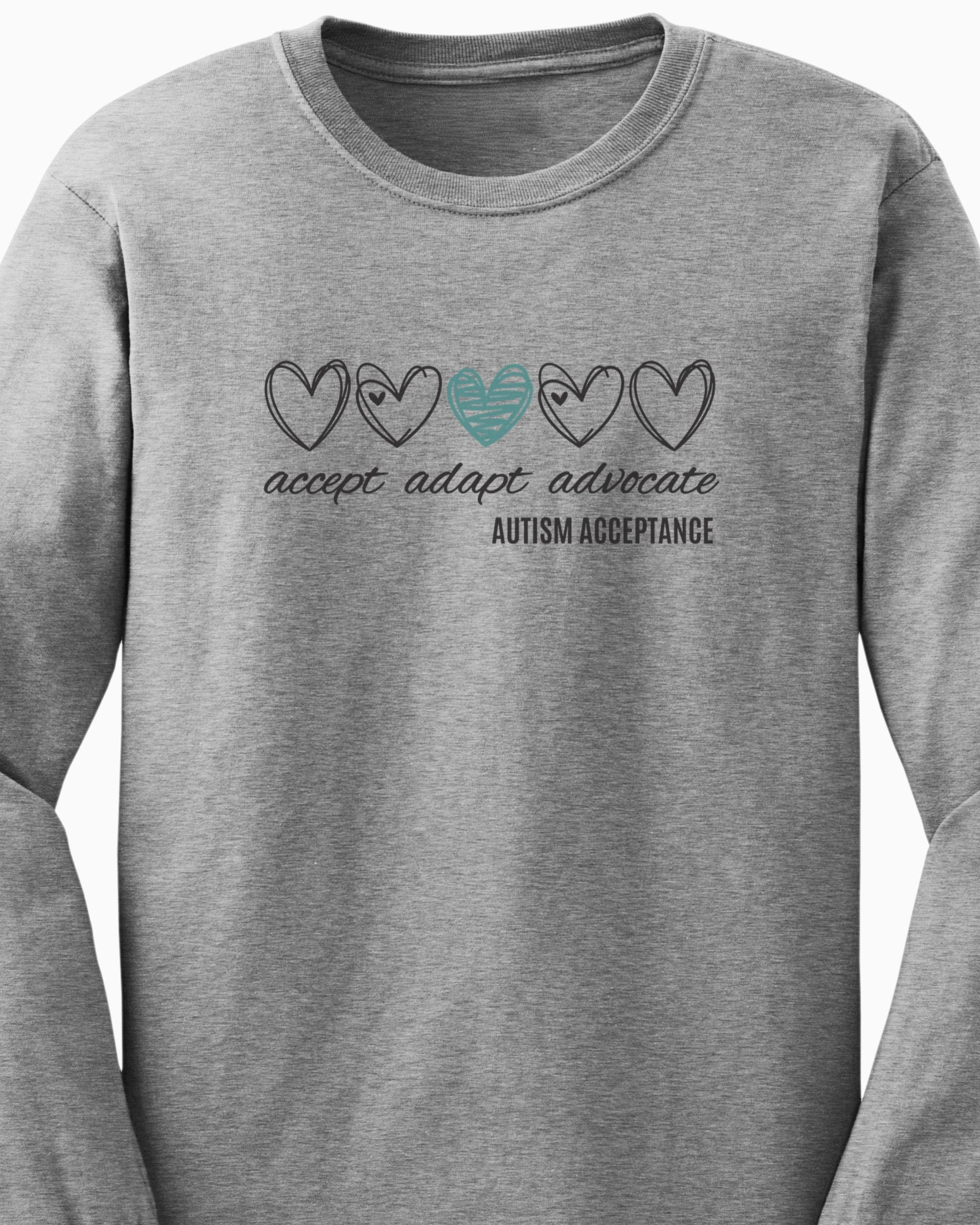 Accept Adapt Advocate Love Hearts Long Sleeve T-Shirt-Neurodiversity, ADHD & Autism Awareness & Acceptance Long-sleeve by Daily Bloom