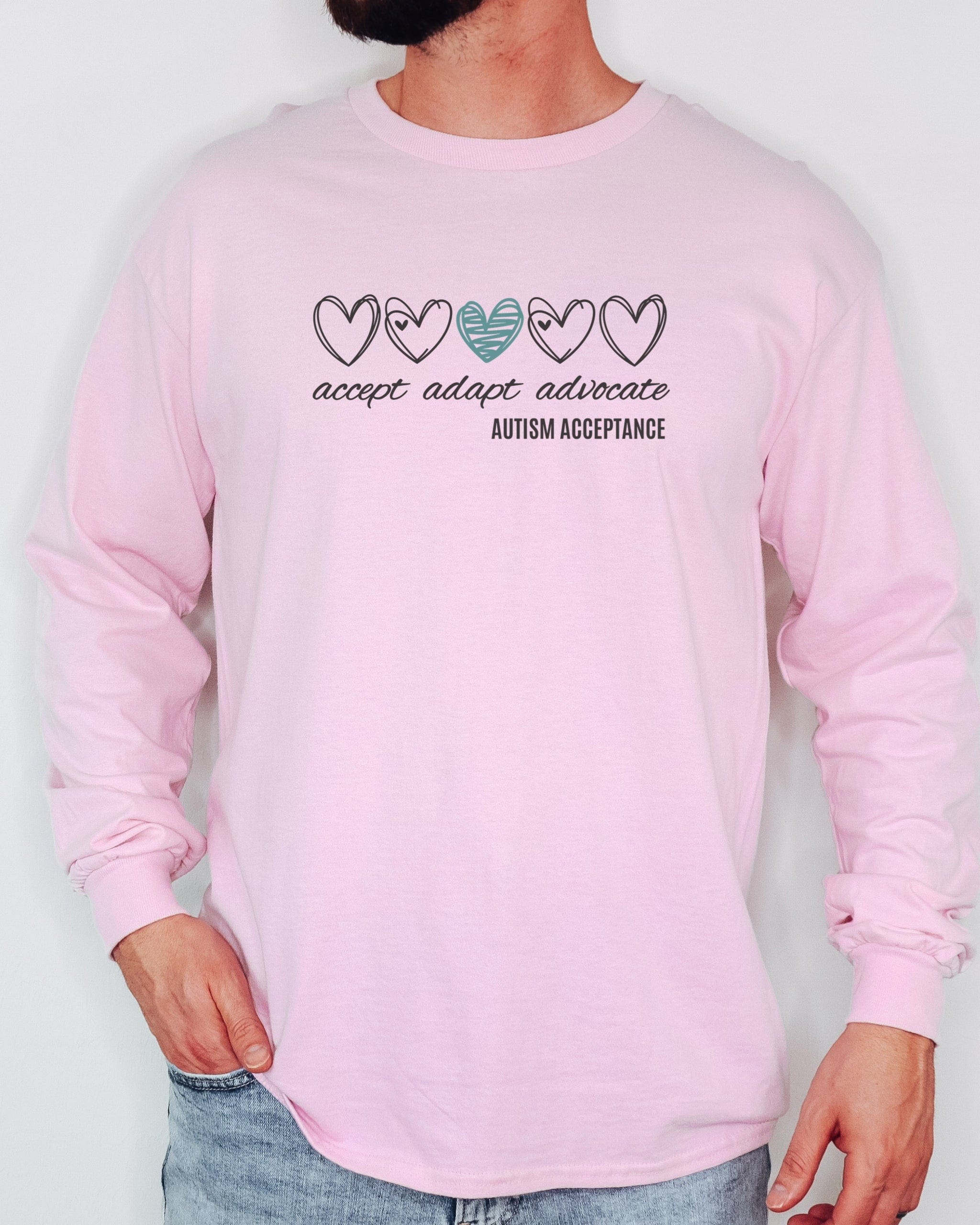 Accept Adapt Advocate Love Hearts Long Sleeve T-Shirt-Neurodiversity, ADHD & Autism Awareness & Acceptance Long-sleeve by Daily Bloom