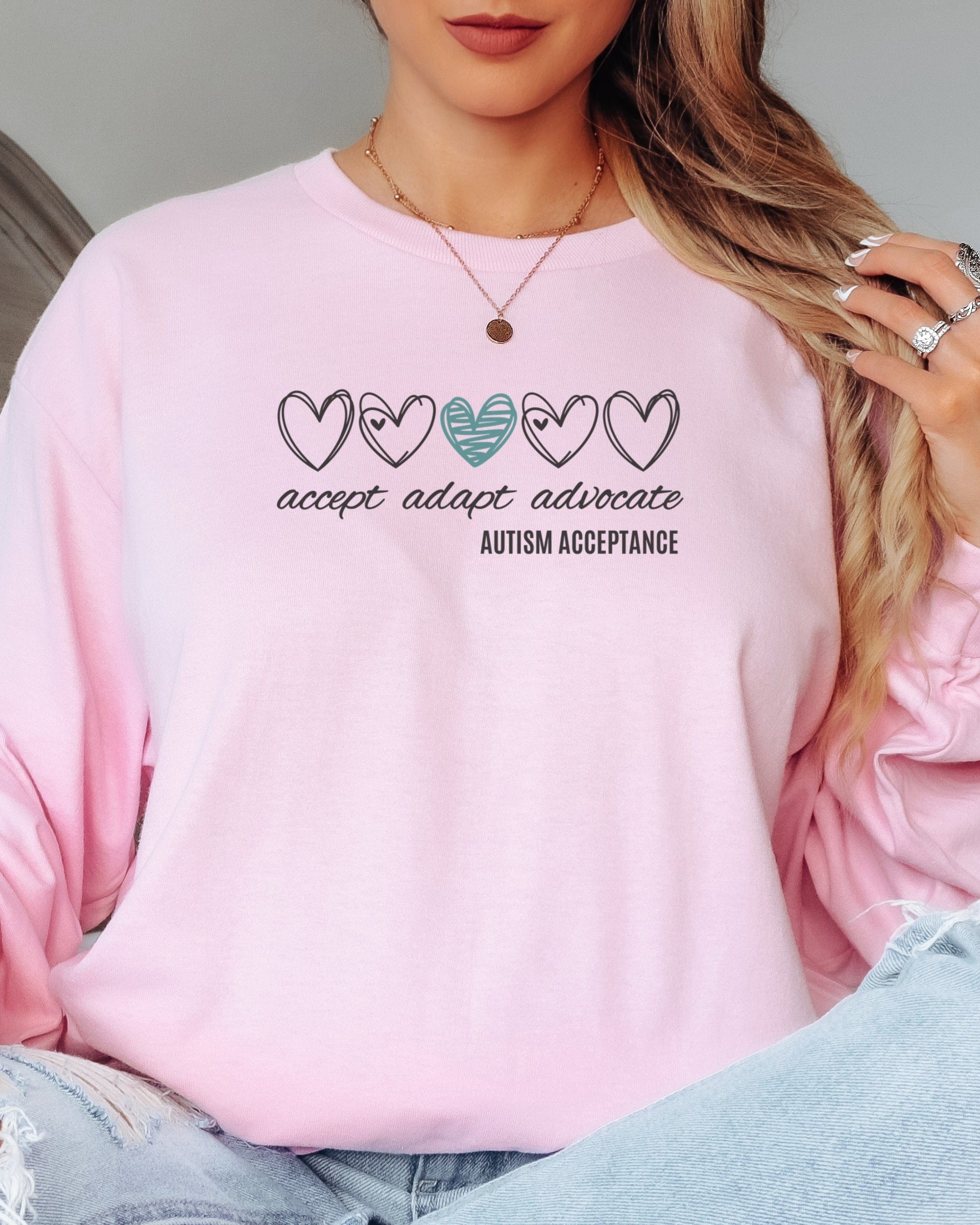 Accept Adapt Advocate Love Hearts Long Sleeve T-Shirt-Neurodiversity, ADHD & Autism Awareness & Acceptance Long-sleeve by Daily Bloom