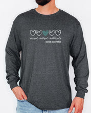 Accept Adapt Advocate Love Hearts Long Sleeve T-Shirt-Neurodiversity, ADHD & Autism Awareness & Acceptance Long-sleeve by Daily Bloom