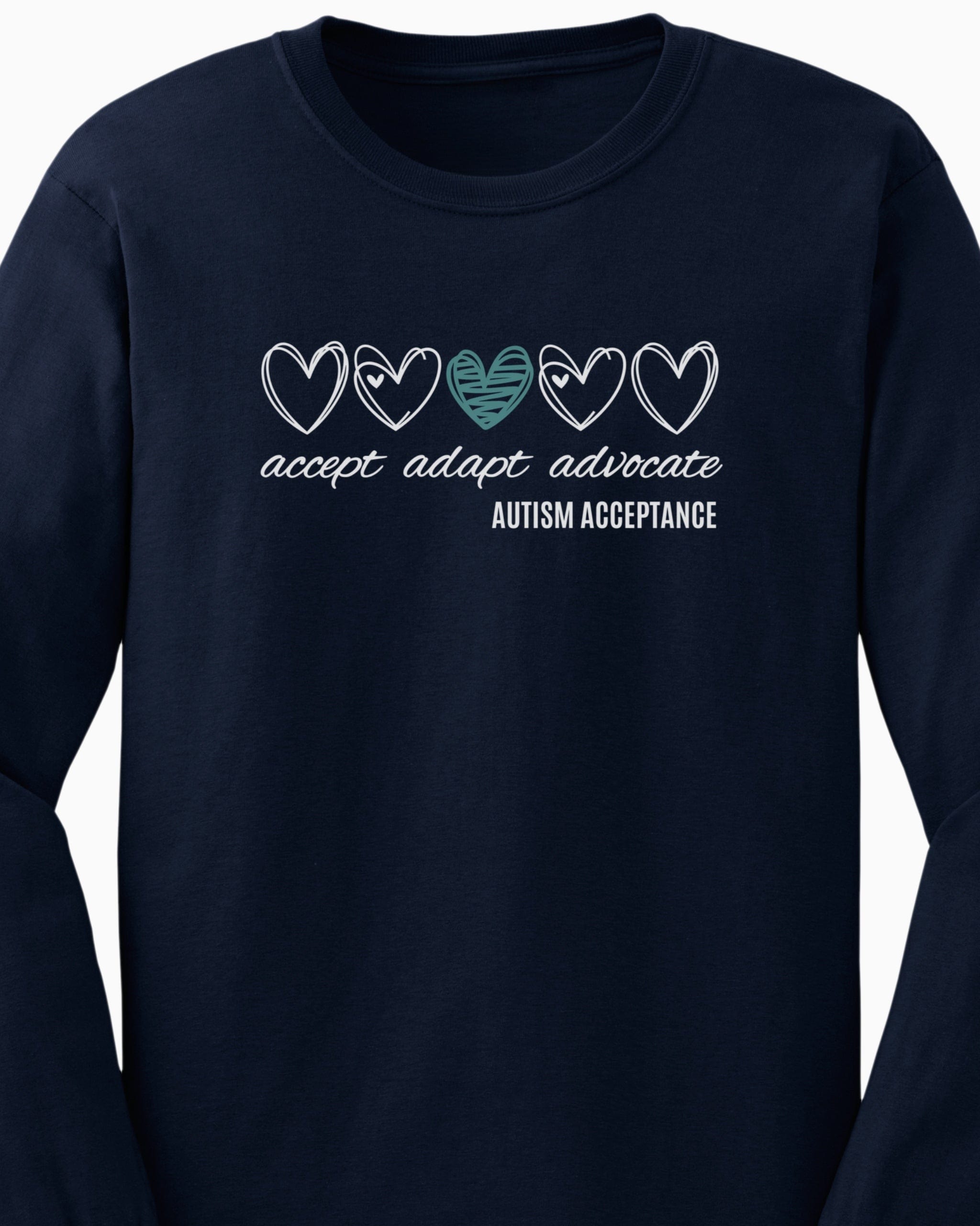 Accept Adapt Advocate Love Hearts Long Sleeve T-Shirt-Neurodiversity, ADHD & Autism Awareness & Acceptance Long-sleeve by Daily Bloom