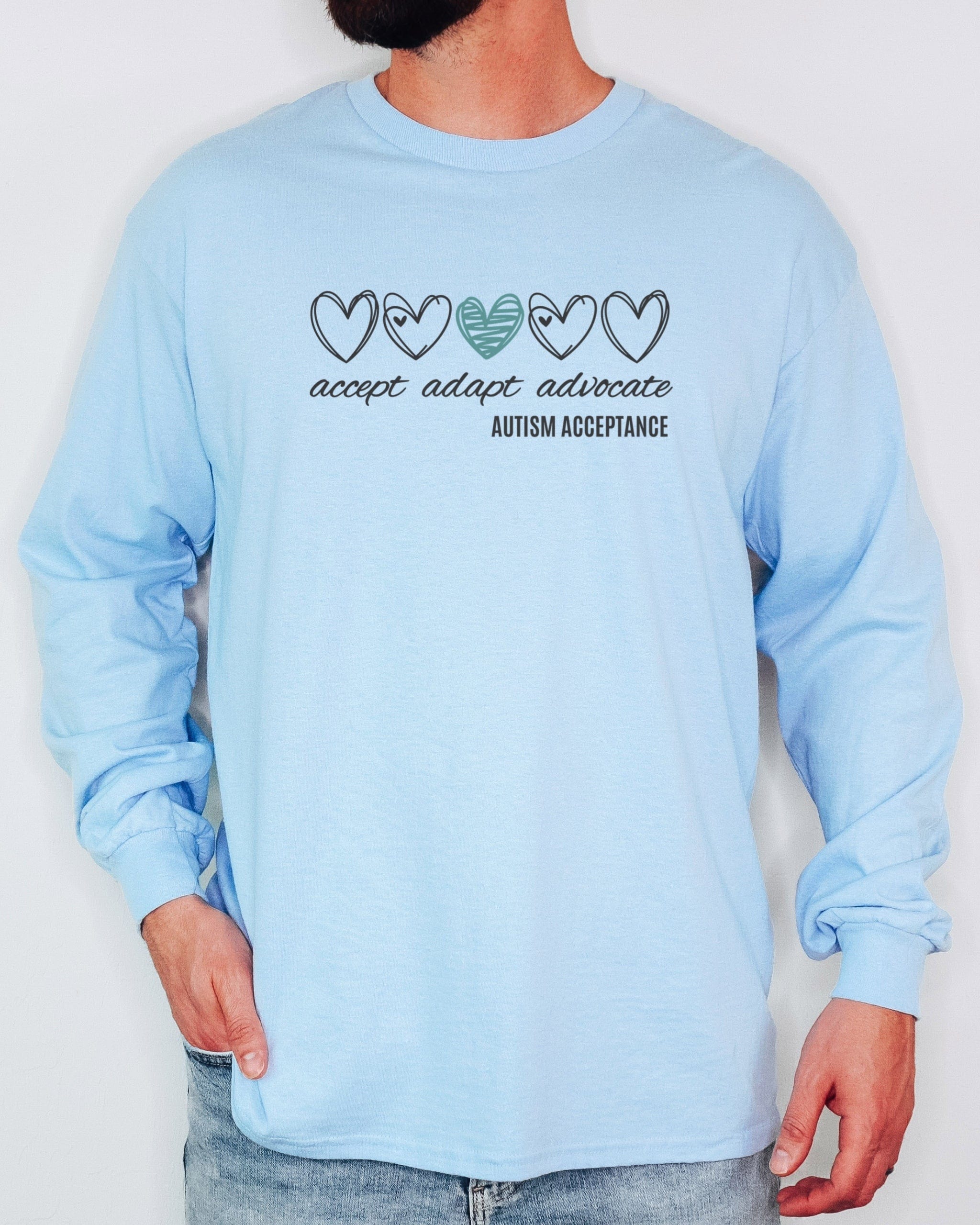 Accept Adapt Advocate Love Hearts Long Sleeve T-Shirt-Neurodiversity, ADHD & Autism Awareness & Acceptance Long-sleeve by Daily Bloom