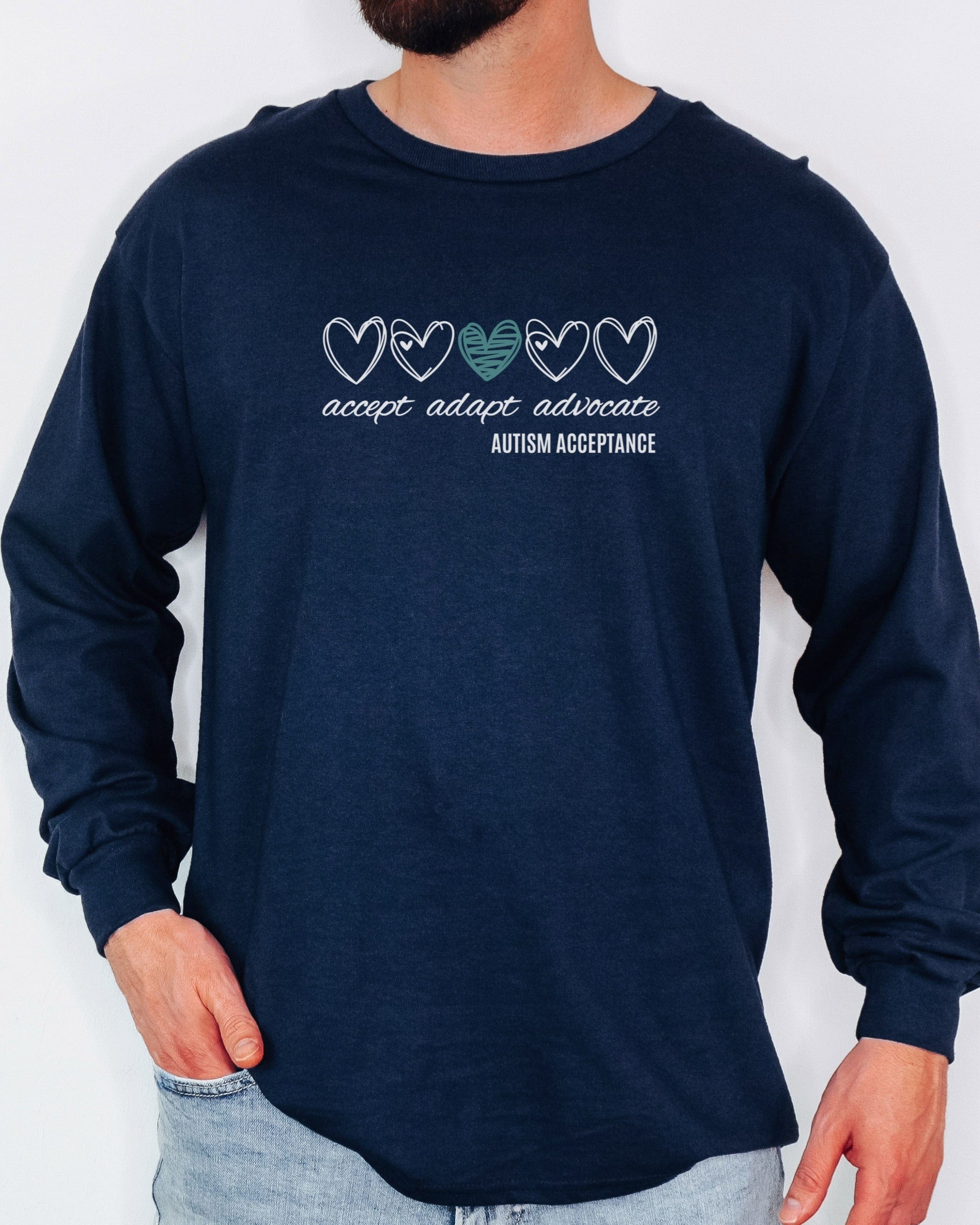 Accept Adapt Advocate Love Hearts Long Sleeve T-Shirt-Neurodiversity, ADHD & Autism Awareness & Acceptance Long-sleeve by Daily Bloom