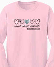 Accept Adapt Advocate Love Hearts Long Sleeve T-Shirt-Neurodiversity, ADHD & Autism Awareness & Acceptance Long-sleeve by Daily Bloom